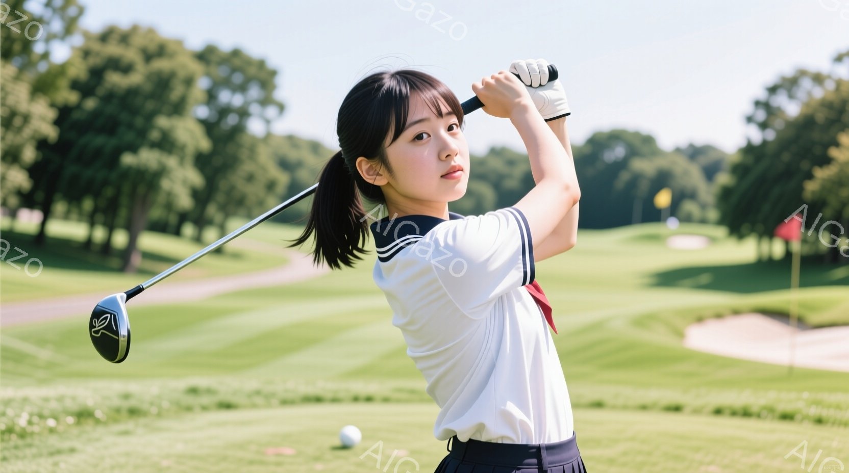 ゴルフコースでスイングする若い女性を捉えています。彼女は白い襟付きのシャツと黒いスカートを着用し、髪はポニーテールに結ばれています。背景には緑豊かな芝生と木々が広がり、晴天の下で爽やかなゴルフの雰囲気 - AI生成フリー素材