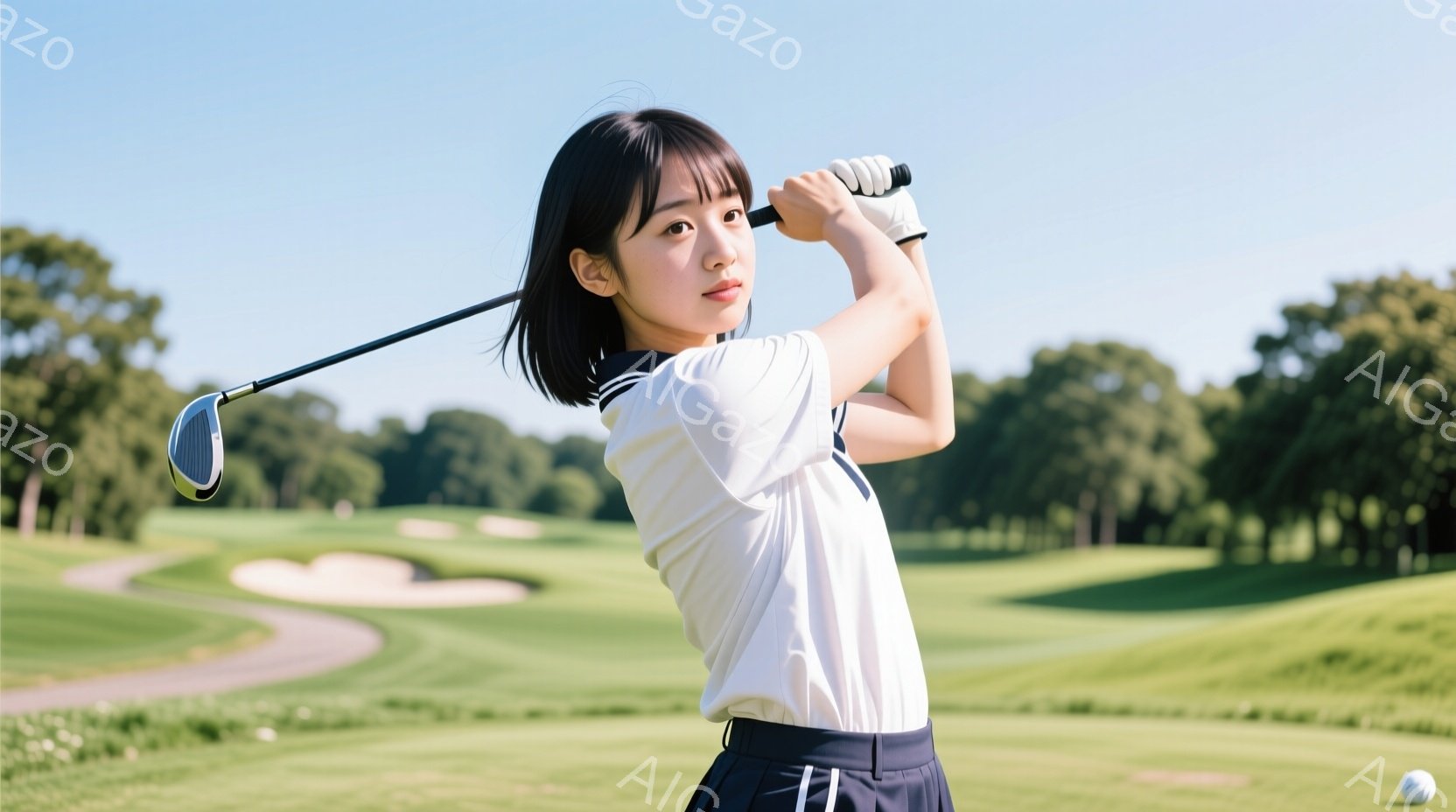 若い女性ゴルファーが、ゴルフコースでスイングしている様子が写っている。彼女は白いポロシャツと黒いスカートを着用し、髪は短く整えられている。背景には緑豊かなゴルフコースが広がり、晴天の下、爽やかな空気が - AI生成フリー素材