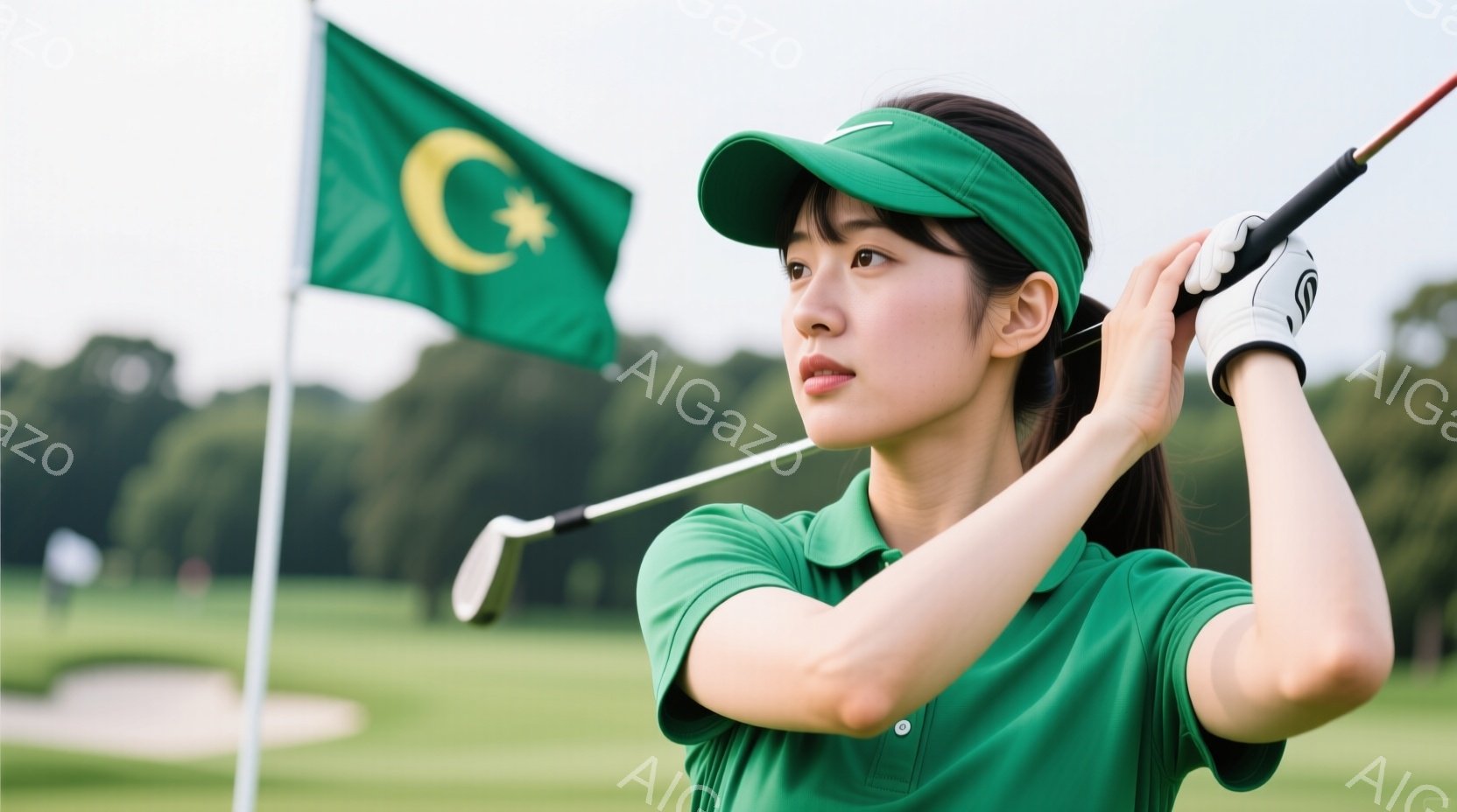 緑色のポロシャツとキャップを着用した女性がゴルフのスイングをしている様子が写っている。彼女は髪を後ろでまとめ、集中した表情でクラブを振っている。背景には緑の芝生、砂場、そしてピンフラッグが立っているゴルフコースが見え、晴天の下、爽やかな雰囲気が漂っている。