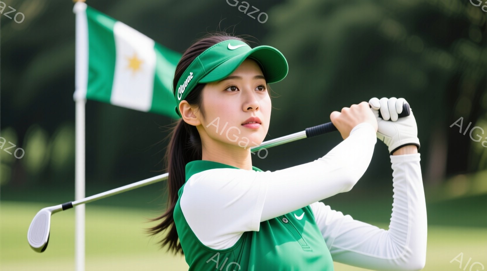 緑色のゴルフウェアを身に着けた若い女性ゴルファーが、スイングの最中に写っている。彼女は白いキャップを被り、髪は後ろでポニーテールにまとめ、集中した表情でボールを見つめている。背景には緑豊かなゴルフコースが広がり、晴天の下、爽やかな雰囲気が漂っている。