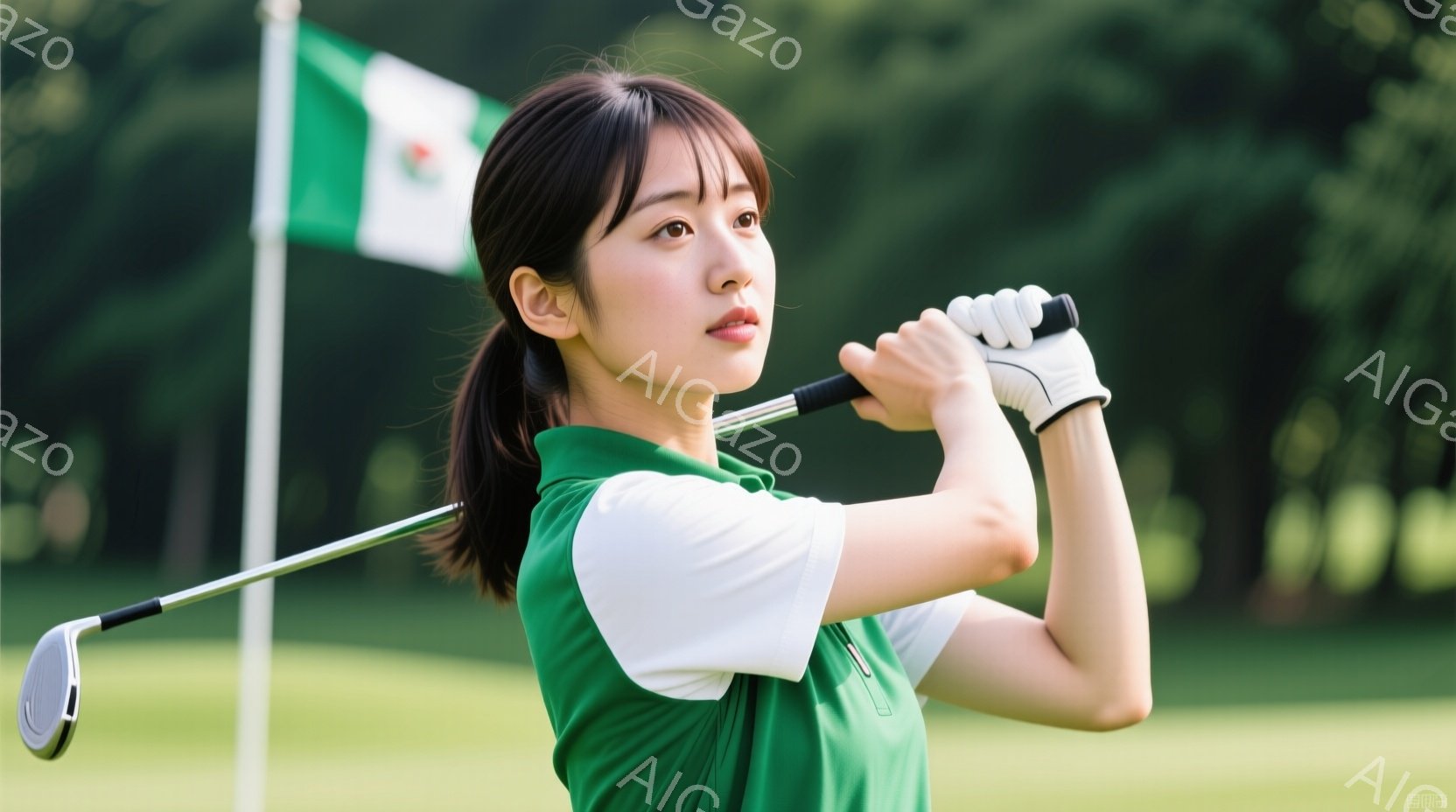 若い女性がゴルフのスイングをしている写真です。緑色のポロシャツに白い袖が特徴で、髪は後ろでポニーテールに結ばれています。背景は緑豊かなゴルフコースで、晴天の下、彼女は集中した表情でゴルフボールを打とう - AI生成フリー素材
