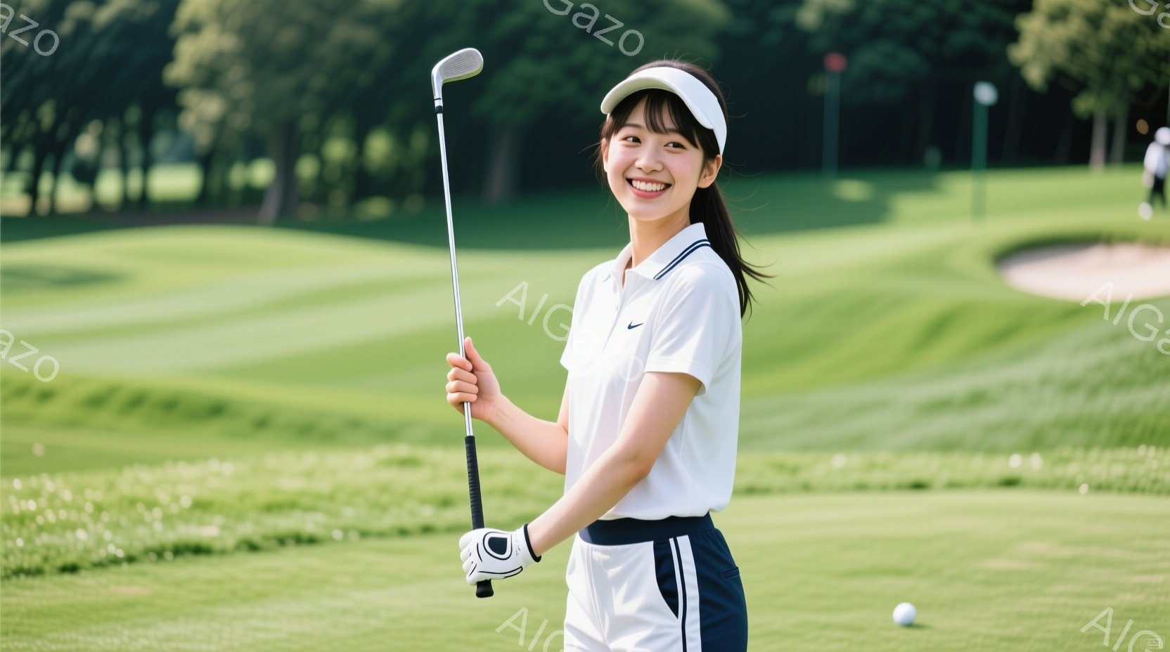 若い女性がゴルフコースに立っており、白いポロシャツと紺色のショートパンツを着用し、白いキャップを被っています。彼女はゴルフクラブを肩に担ぎ、満面の笑顔を浮かべており、日差しが強く、背景には緑豊かなゴル - AI生成フリー素材