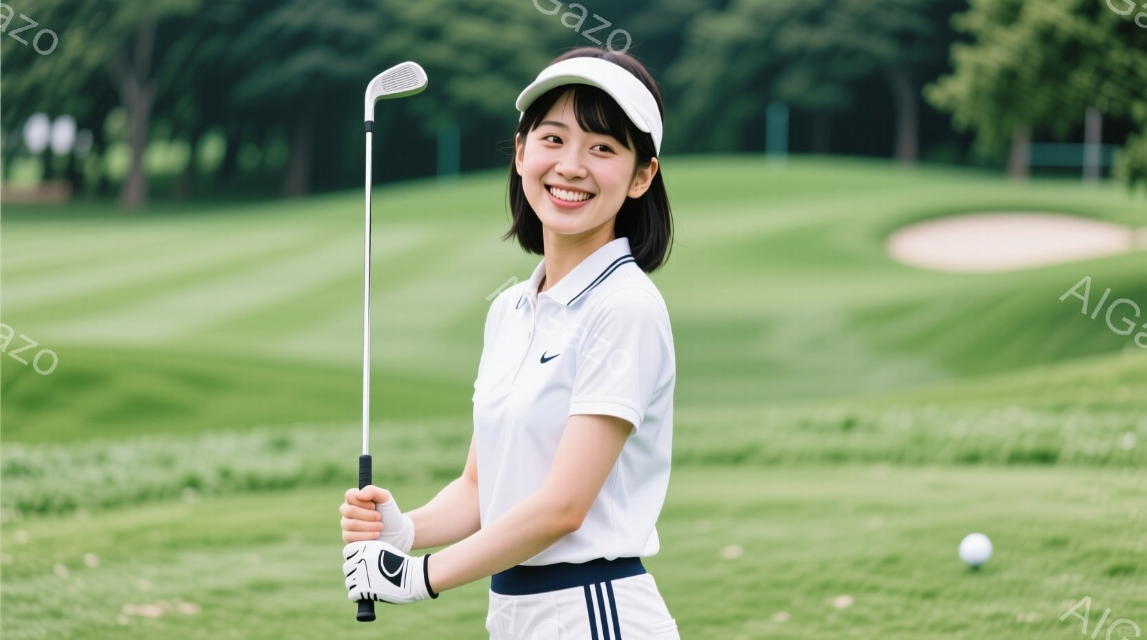 若い女性がゴルフコースでゴルフクラブを持って微笑んでいます。彼女は白いポロシャツと紺色のパンツ、白いキャップを着用し、明るい表情をしています。背景には緑豊かな芝生と砂地、そしてぼやけた木々が見え、晴れ - AI生成フリー素材