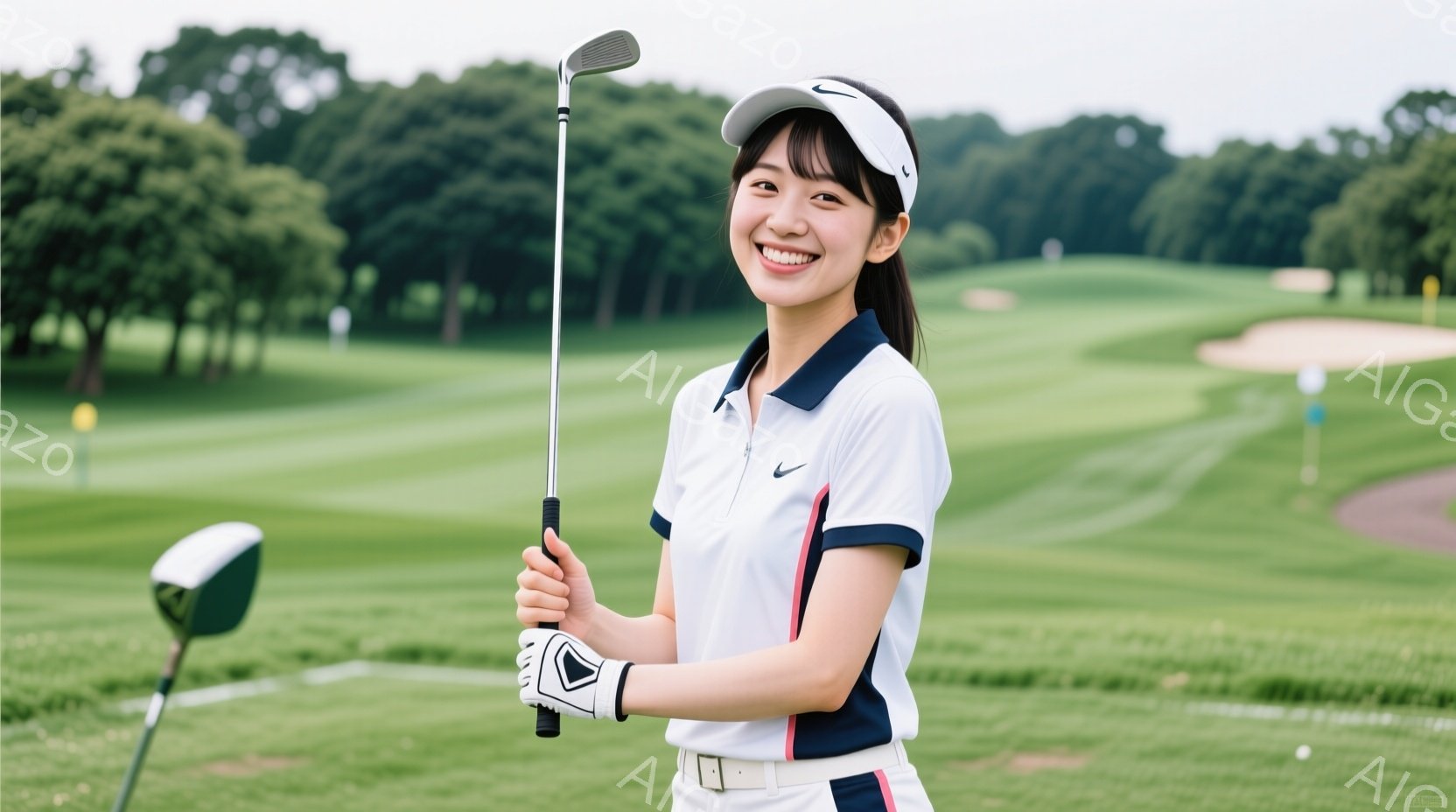 若い女性がゴルフコースでポーズをとっています。彼女は白いポロシャツ、紺色のスカート、白い帽子を身に着け、ゴルフグローブをはめています。背景には緑豊かなゴルフコースが広がり、晴天の下、明るく爽やかな雰囲気が漂っています。
