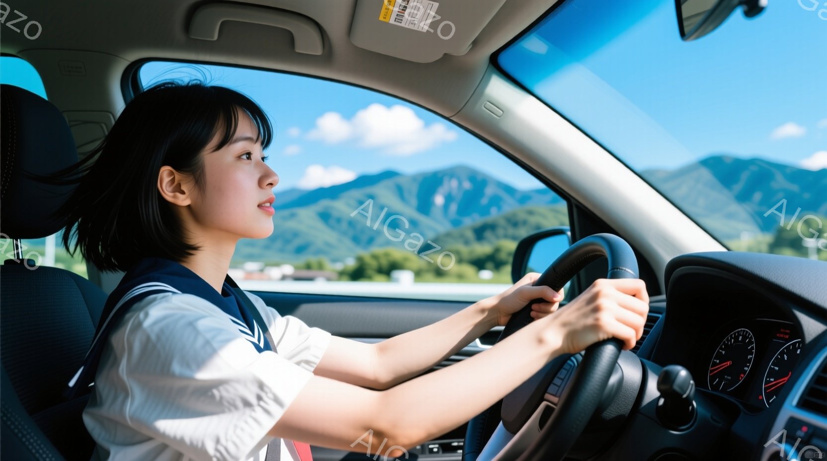 女性は運転席でハンドルを握り、少し前方を見つめています。白いストライプが入ったトップスを着ており、髪は後ろで一つに結ばれています。背景には青空と緑の山々が広がり、晴れた日のドライブの様子が伺えます。 - AI生成フリー素材