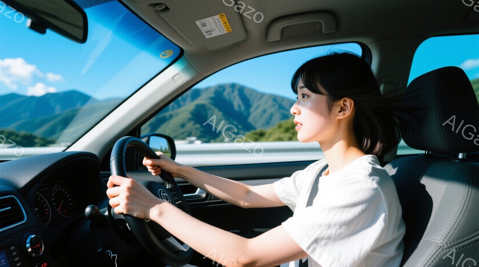 白いTシャツを着た若い女性が運転席でハンドルを握り、運転している様子が写っている。彼女は黒髪で、横分けのヘアスタイルで、真剣な表情で前方を注視している。背景には青空と緑豊かな山々が広がり、晴天の下、爽 - AI生成フリー素材