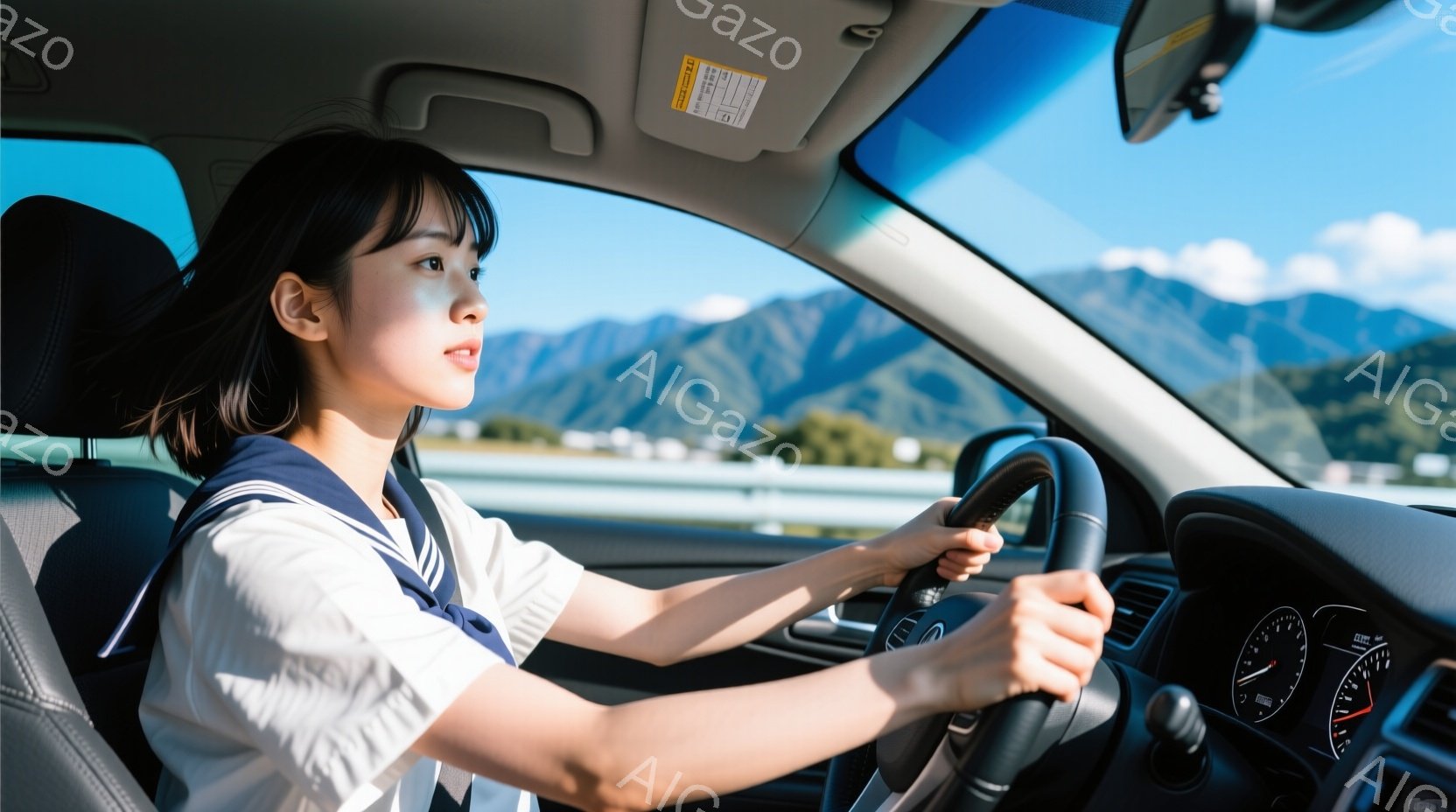 若い女性が運転席でハンドルを握り、前方を向いて運転している。彼女は白いブラウスと紺色のセーラー服を着ており、髪は肩にかかる長さで、少し微笑んでいるように見える。背景には晴れた空と山々が広がり、開放的な雰囲気を感じさせる。