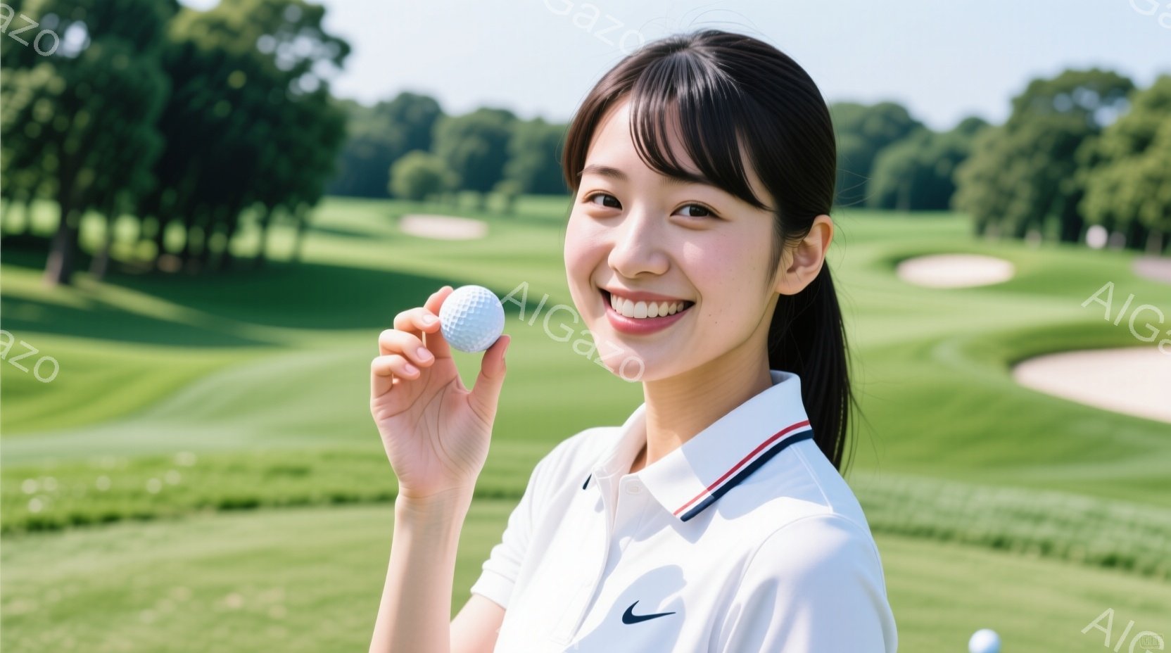 ゴルフコースでゴルフボールを持つ女性が写っています。彼女は白いポロシャツに赤い縁取りがあり、黒いNikeのロゴが入っています。彼女は髪を後ろでポニーテールにし、笑顔でカメラを見ています。 - AI生成フリー素材