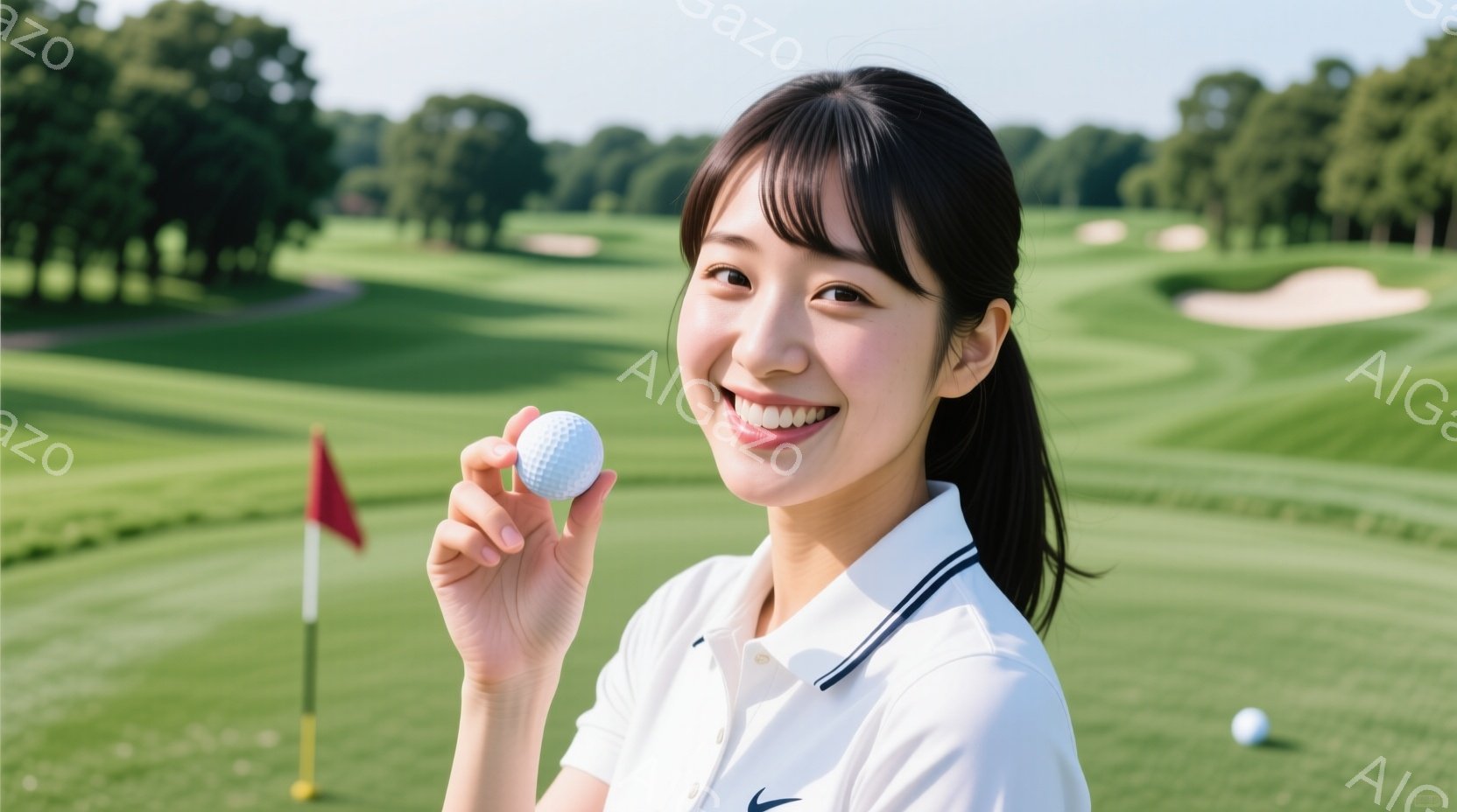 若い女性がゴルフボールを手に笑顔でこちらを見ている写真です。白いポロシャツに髪は後ろでポニーテールにしており、明るい表情で健康的です。背景には緑豊かなゴルフコースが広がり、晴天の下、青々とした芝生と旗 - AI生成フリー素材