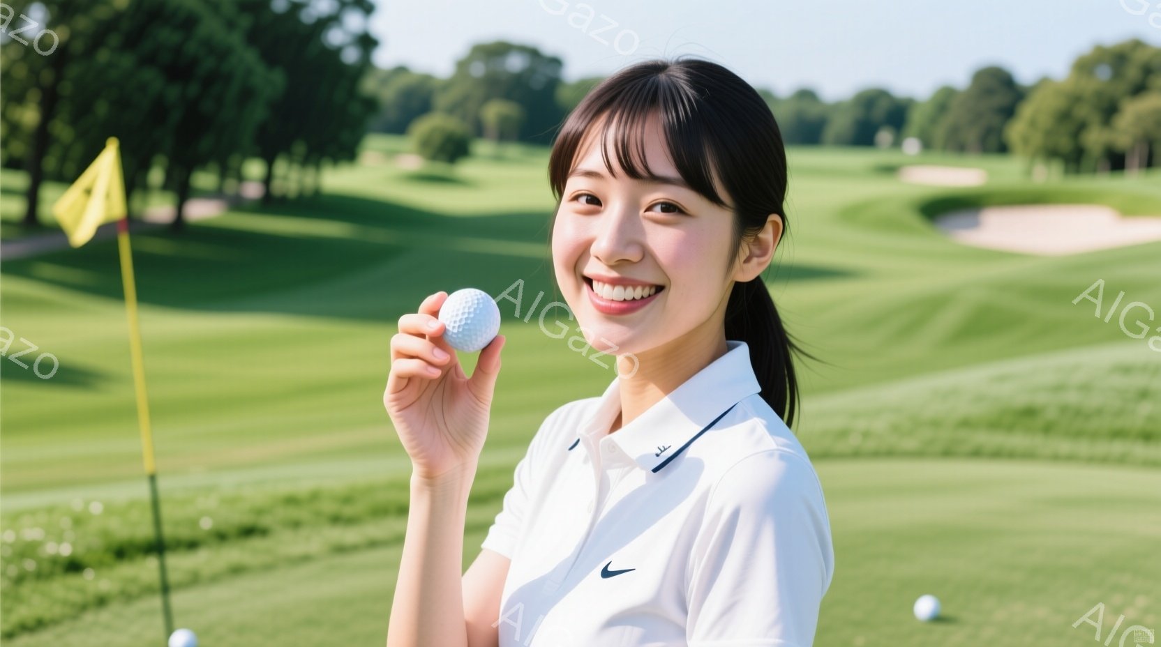 若い女性がゴルフボールを持って笑顔でこちらを見ている。彼女は白いポロシャツに黒いロゴが入っており、髪は後ろでポニーテールにまとめられている。背景には緑豊かなゴルフコースが広がり、晴天の下、ピンフラッグ - AI生成フリー素材