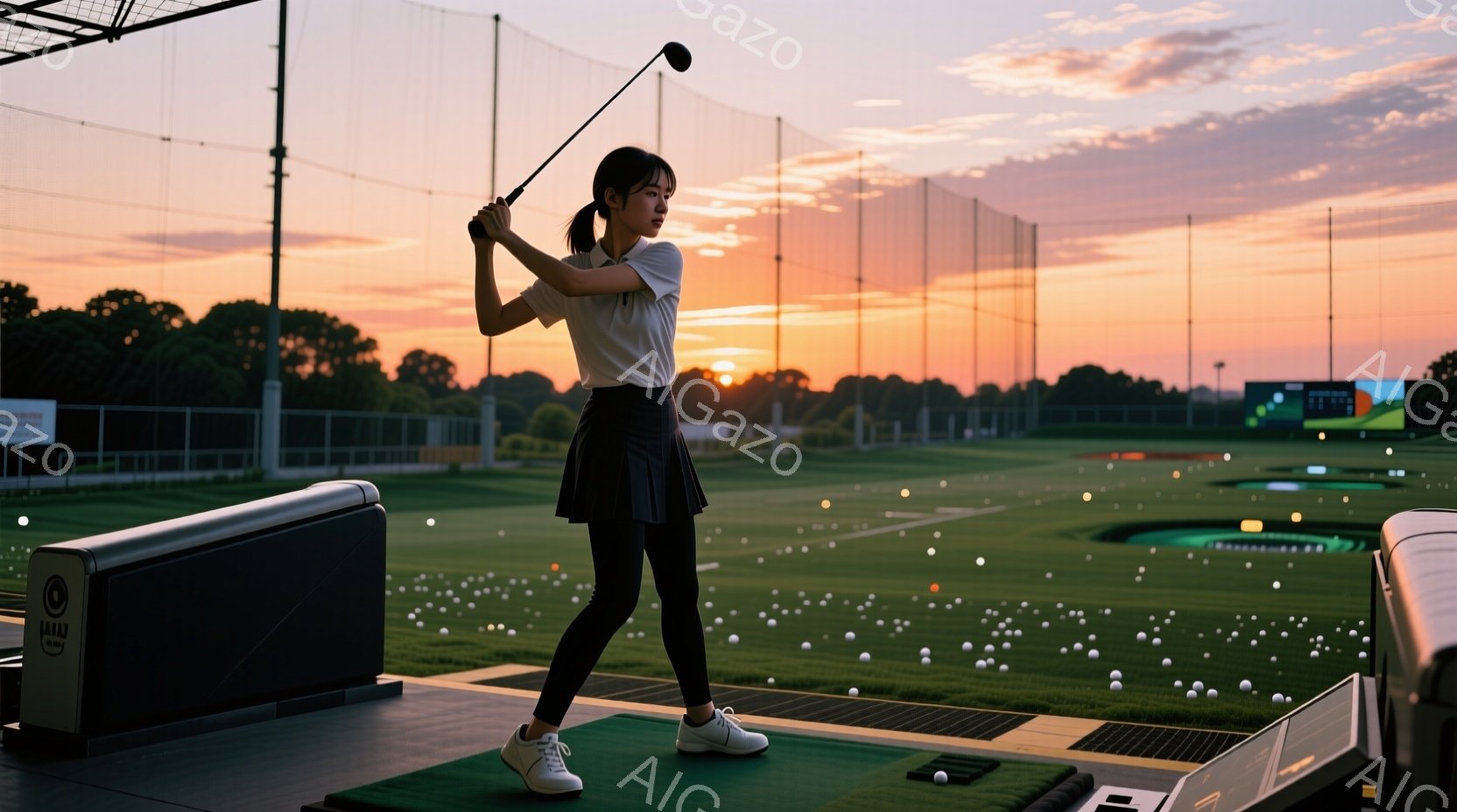 ゴルフ練習場の室内で、若い女性がゴルフスイングをしている様子が写っている。白の半袖シャツに黒のスカート、白いスニーカーを履き、髪は後ろでまとめている。夕焼け空が背景に見え、練習場内には多くのゴルフボールが散らばっており、活気ある練習風景がうかがえる。