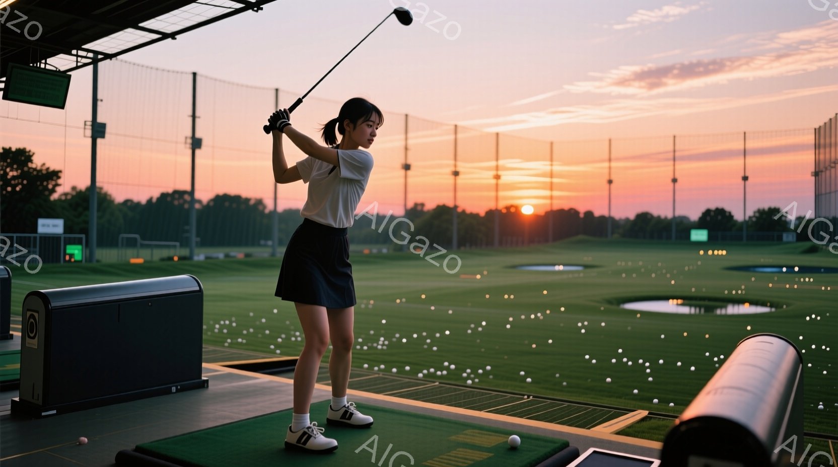 練習場にいる若い女性がゴルフのスイングをしている様子が写っている。白いTシャツと紺色のスカート、白いスニーカーを着用し、髪は後ろで一つに結んでいる。背景には緑の芝生とゴルフボールが散らばり、夕焼け空が - AI生成フリー素材
