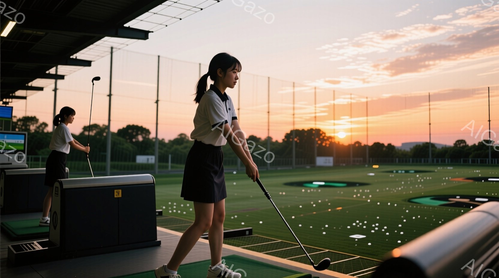ゴルフ練習場の室内で、若い女性がゴルフのスイングをしている様子が写っている。彼女は白いシャツと紺色のスカート、スニーカーを履き、髪をポニーテールにしている。背景にはゴルフボールが散らばり、夕焼け空が広 - AI生成フリー素材