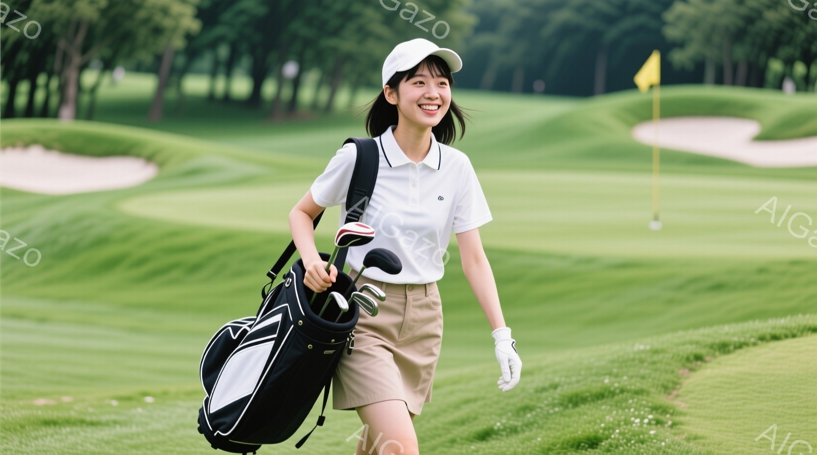 若い女性がゴルフコースを歩いており、白いポロシャツとベージュのショートパンツ、白い帽子を着用しています。彼女はゴルフバッグを肩に担ぎ、顔には明るい笑顔が浮かんでいます。背景には緑豊かなゴルフコースが広 - AI生成フリー素材