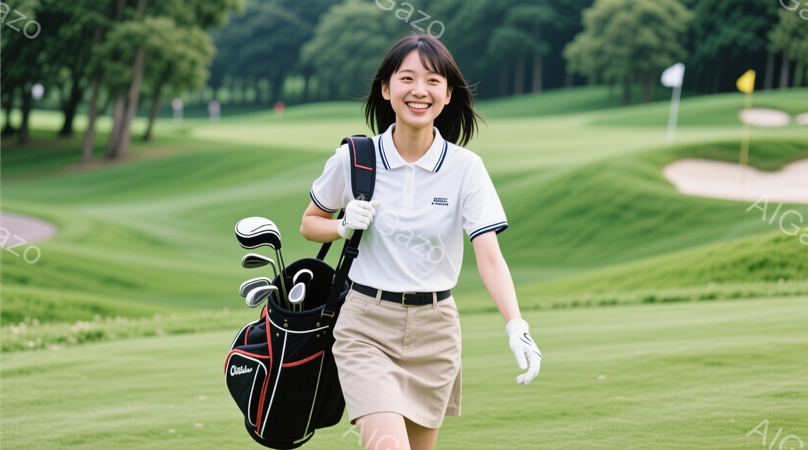 若い女性がゴルフコースを歩いている様子が写っています。彼女は白のポロシャツにベージュのパンツ、そして片手にゴルフバッグを持ち、笑顔でこちらを見ています。背景には緑豊かなゴルフコースが広がり、晴天の下、 - AI生成フリー素材