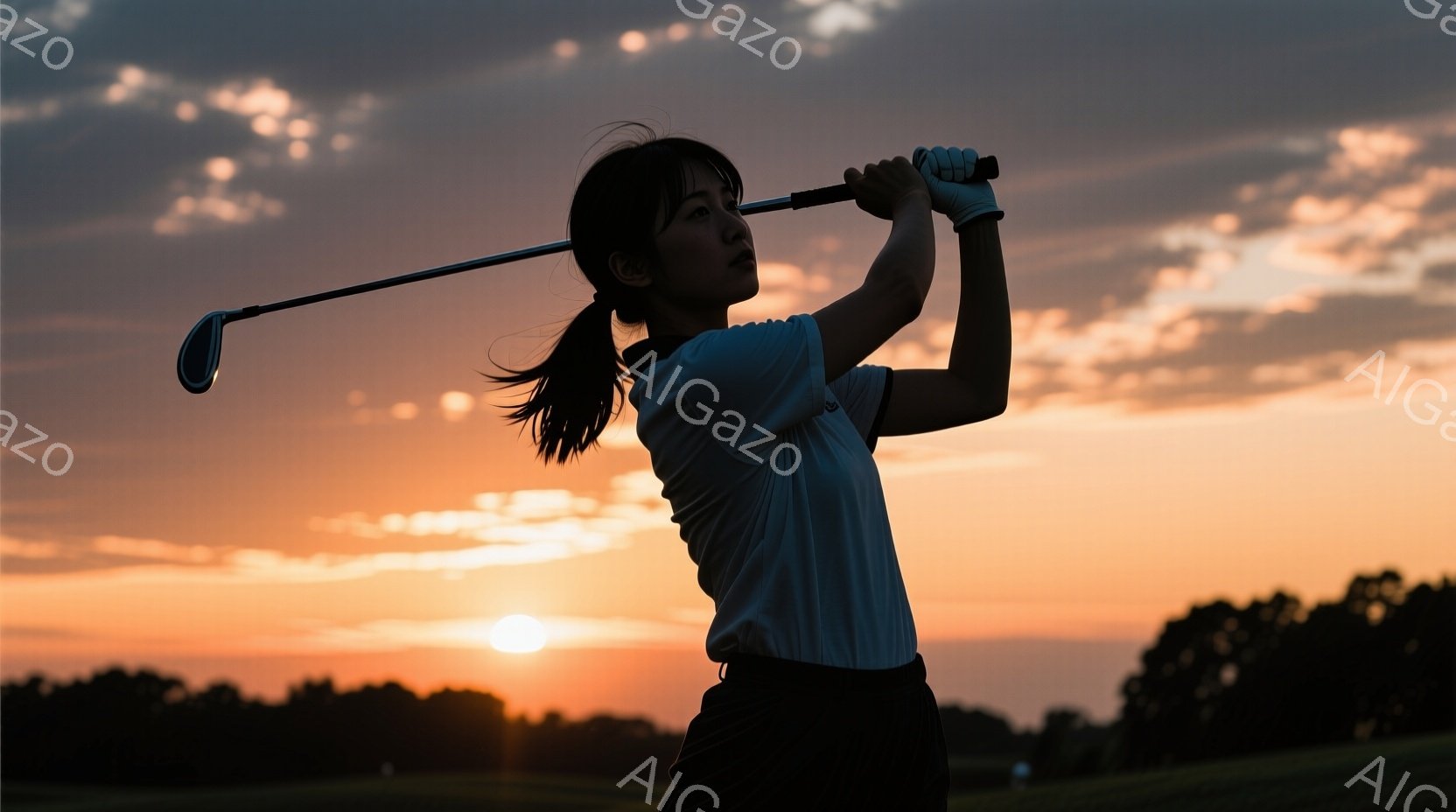 一人の女性がゴルフのスイングをしているシルエットが映っている。彼女は白いポロシャツと黒いパンツを着用し、髪は後ろでポニーテールに結んでいる。背景には夕焼け空が広がり、オレンジ色と赤色のグラデーションが - AI生成フリー素材