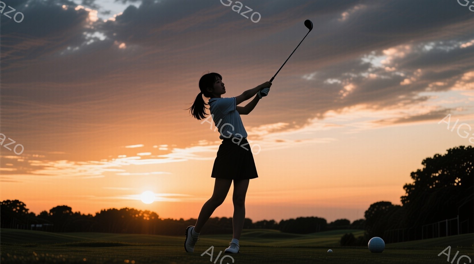 シルエットで描かれた女性ゴルファーが、夕焼けを背景にスイングをしている様子が捉えられています。彼女は白いシャツと黒いスカートを着用し、髪は後ろでポニーテールに結ばれています。背景には緑のゴルフコースと - AI生成フリー素材