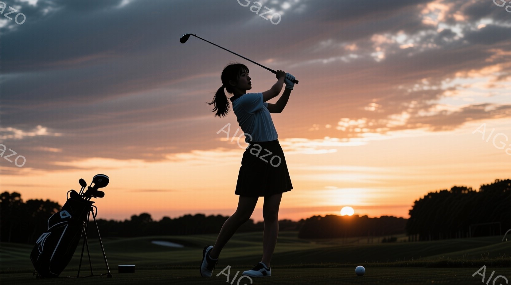 ゴルフ場でスイングする女性のシルエットが印象的だ。彼女は白いトップスに黒いスカート、スニーカーを履き、ポニーテールにしている。背景には沈みゆく太陽が広がり、ゴルフコースの緑と空のグラデーションが美しい - AI生成フリー素材