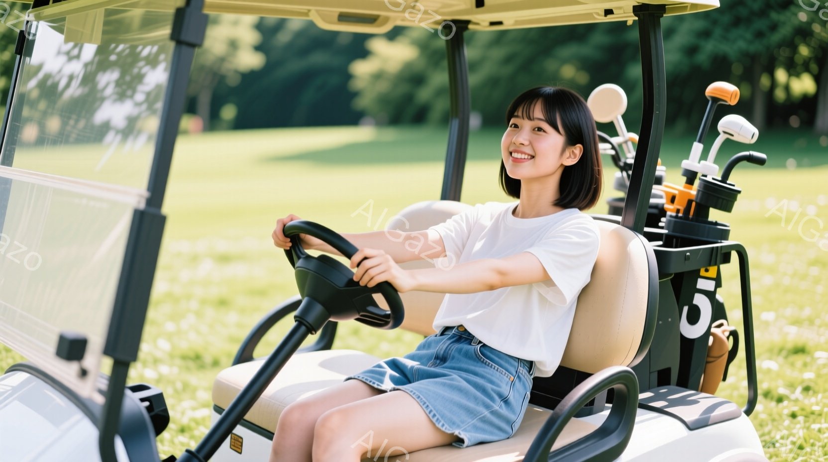若い女性がゴルフカートを運転している様子が写っている。白いTシャツに水色のデニムスカートを着用し、黒髪を短く切りそろえたヘアスタイルで、笑顔を浮かべている。背景には緑豊かなゴルフ場が広がり、晴天の下、 - AI生成フリー素材