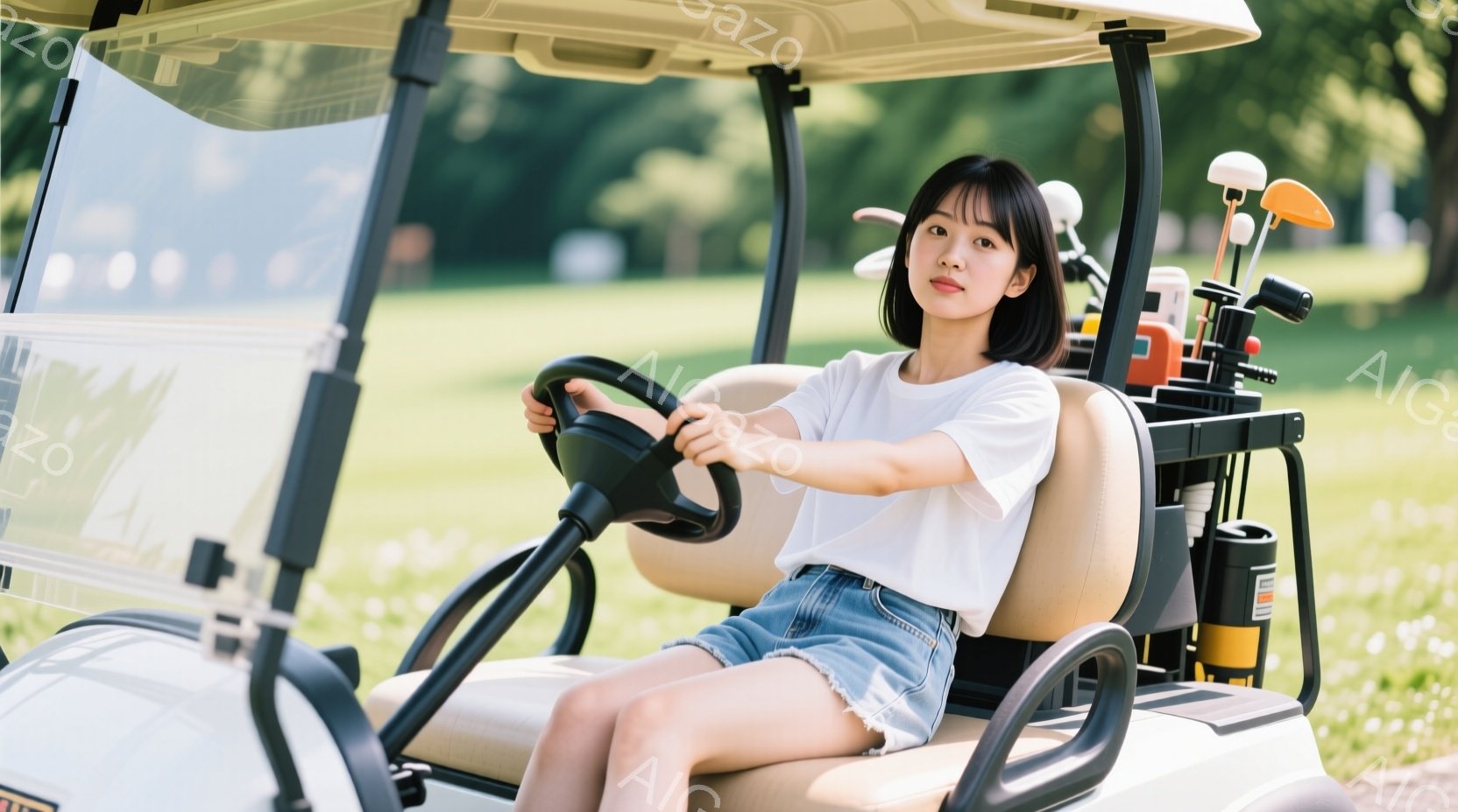 白いTシャツとデニムショートパンツを着用した若い女性が、ゴルフカートの運転席に座っています。彼女は軽く微笑んでおり、リラックスした表情でハンドルを握っています。背景には緑のゴルフコースが広がり、晴天の - AI生成フリー素材