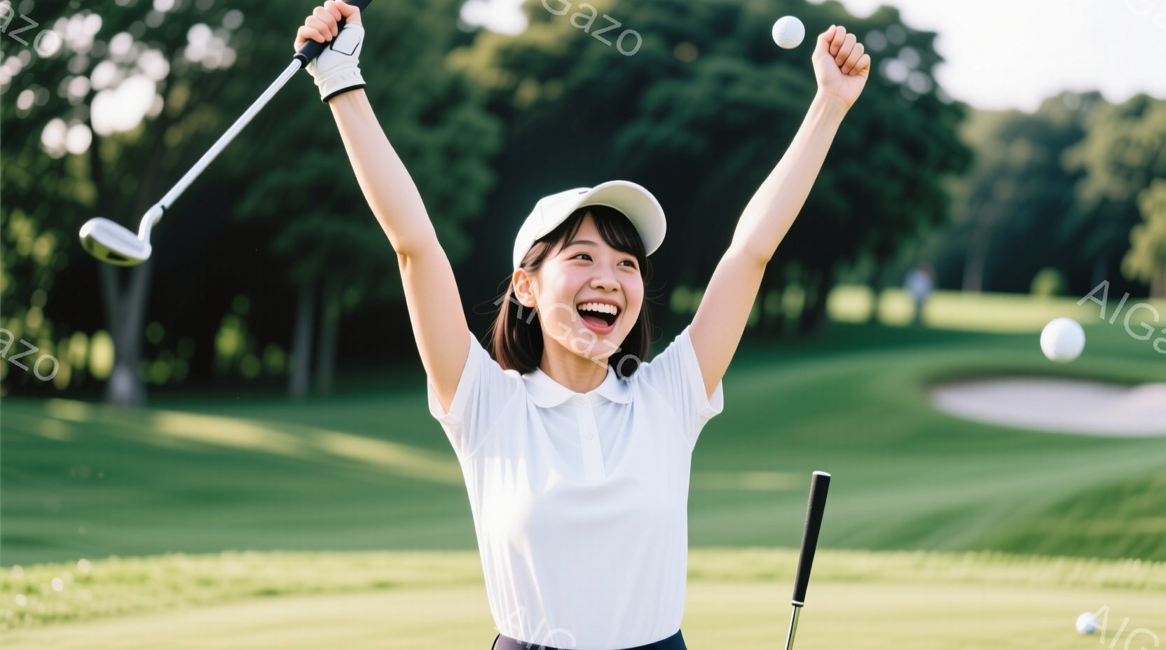 白いポロシャツに紺色のズボンを着用した若い女性が、ゴルフクラブを高く掲げて歓喜している様子が写っている。彼女はショートヘアで、満面の笑みを浮かべ、ゴルフ場の緑豊かな背景が彼女の喜びを際立たせている。背景にはフェアウェイ、バンカー、そして木々が見え、晴天の下、ゴルフを楽しむ活気ある雰囲気が伝わってくる。