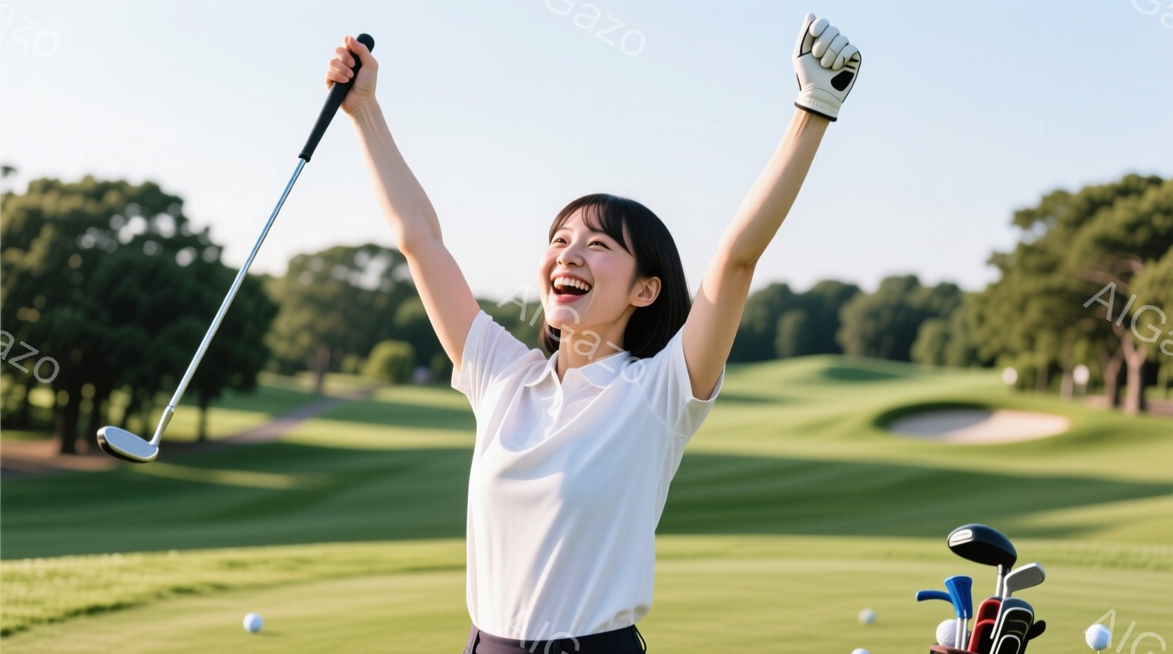 白いポロシャツと紺色のパンツ姿の女性が、ゴルフクラブを高く掲げて喜びの表情を浮かべている。背景には緑豊かなゴルフコースが広がり、晴天の下、爽やかな雰囲気が漂っている。ゴルフバッグといくつかのゴルフボールが彼女の足元に置かれていることから、ゴルフを楽しんでいる様子が伺える。