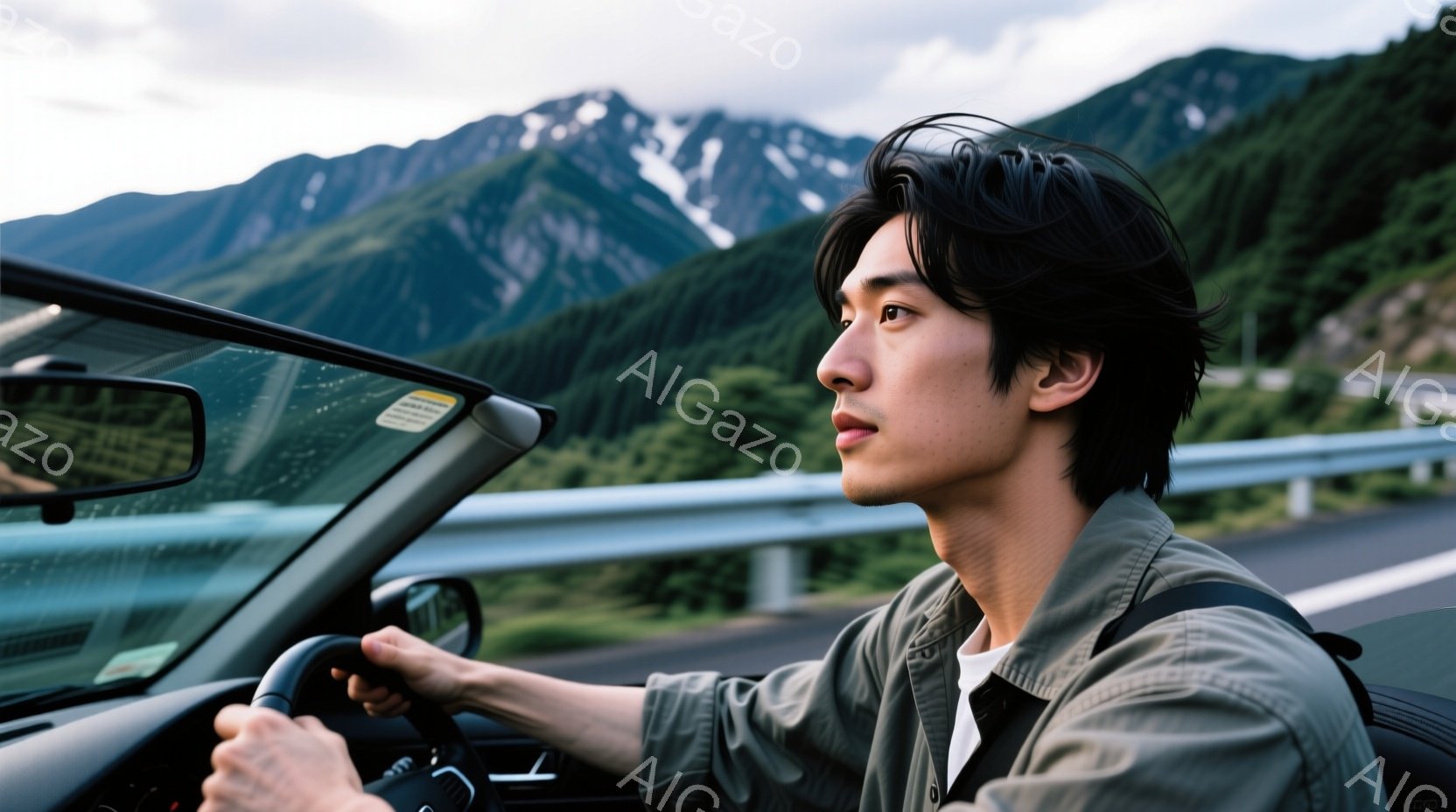 若い男性が運転席で車を運転しており、表情は穏やかで少し前方を見つめている。彼は白いTシャツの上にオリーブグリーンのミリタリージャケットを羽織り、ダークブラウンの髪を軽く無造作にセットしている。背景には緑豊かな山々が広がり、晴天の下、開放的なドライブを楽しんでいる様子が伺える。