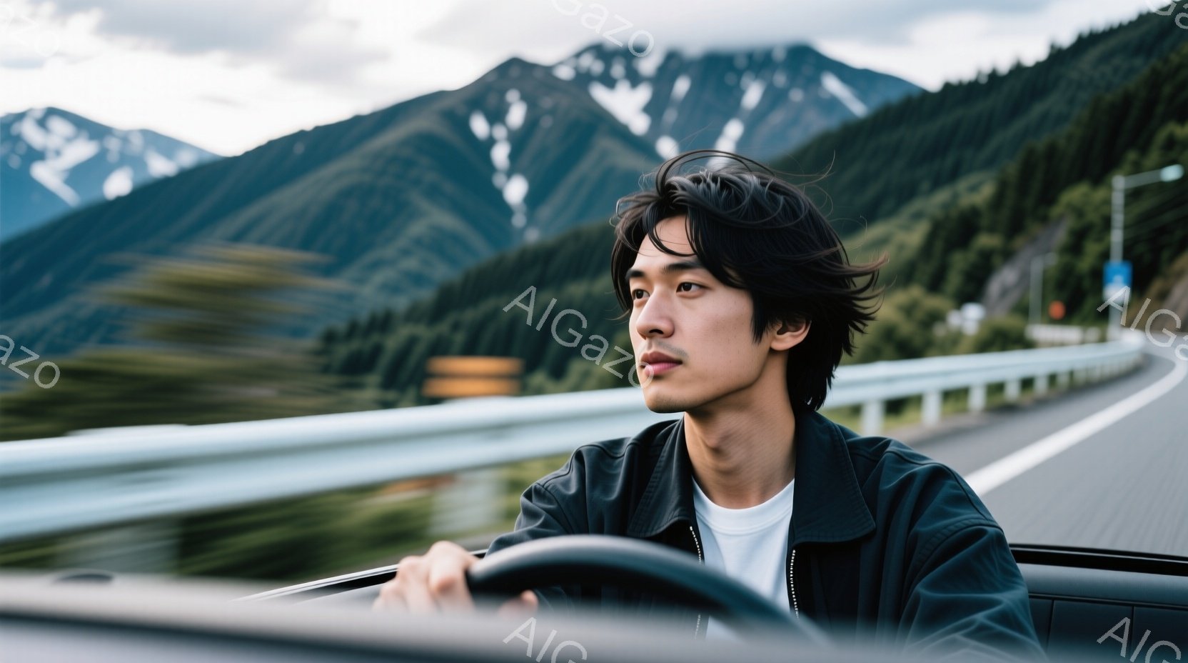 若い男性が車を運転している様子が写っている。彼は黒い革ジャンに白いTシャツを着ており、少し無造作にセットされた黒髪が特徴的だ。背景には山々が広がり、天候は曇り、爽やかで少し寂しげな雰囲気を醸し出している。