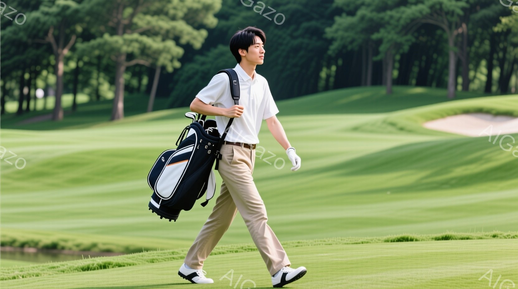 若い男性がゴルフ場を歩いている様子が写っている。彼は白いポロシャツにベージュのパンツ、白いゴルフシューズを着用し、肩にゴルフバッグをかけている。背景には緑豊かなゴルフコースと木々が広がり、晴天の下で爽やかな雰囲気が漂っている。