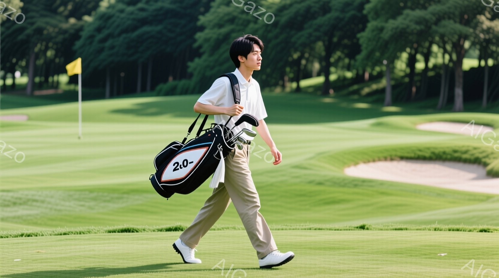 若い男性がゴルフコースを歩いている様子が写っている。彼はベージュ色のズボンと白いポロシャツを着用し、肩にゴルフバッグをかけている。背景には緑豊かなゴルフコースが広がり、青空の下、晴れた日の穏やかな雰囲 - AI生成フリー素材