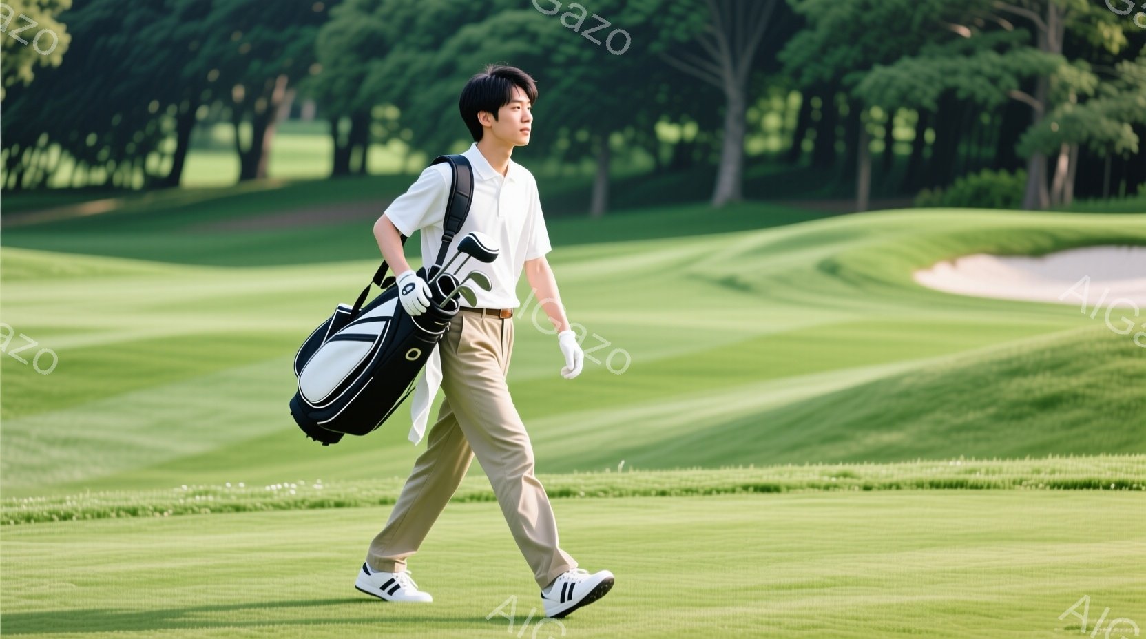 若い男性がゴルフコースを歩いている様子が写っている。彼は白いポロシャツ、ベージュ色のズボン、白いゴルフシューズを着用し、肩にゴルフバッグをかけている。背景には緑豊かなゴルフコースが広がり、晴天の下、穏 - AI生成フリー素材