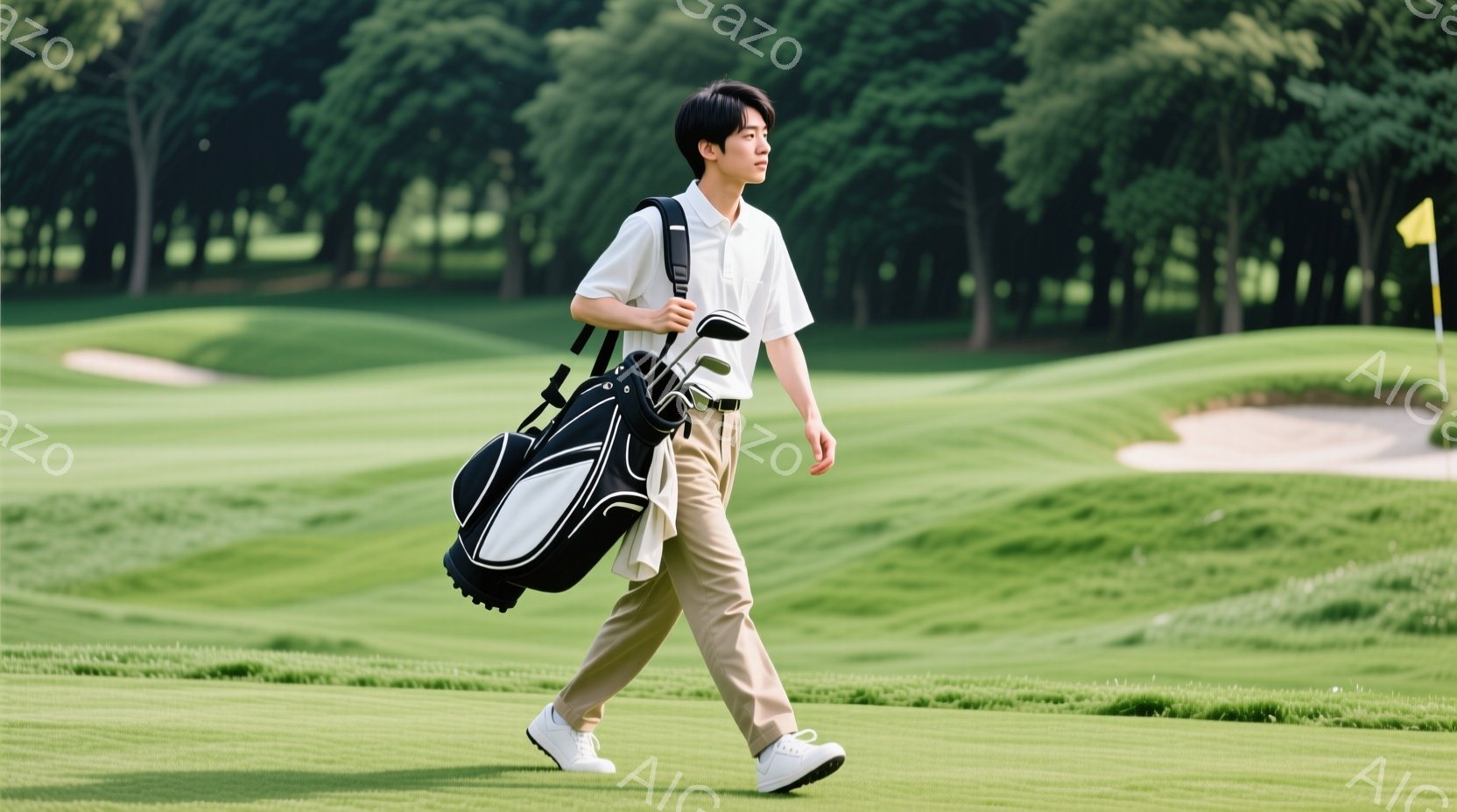 若い男性がゴルフコースを歩いている。彼は白いポロシャツにベージュ色のパンツ、白いスニーカーを履いており、肩にゴルフバッグをかけている。背景には緑豊かなゴルフコースが広がり、晴天の下、穏やかな雰囲気が漂 - AI生成フリー素材