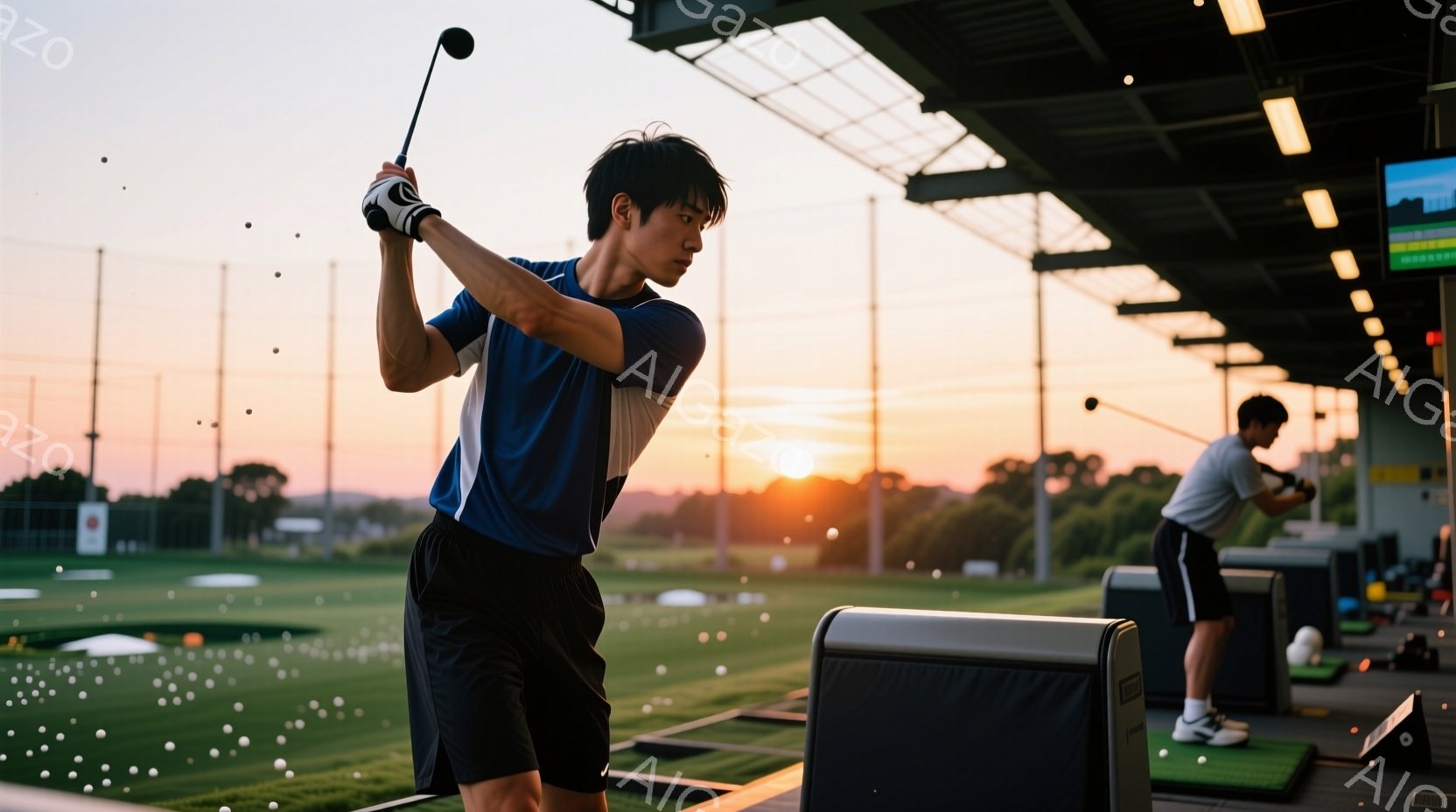 ゴルフ練習場の写真で、一人の男性がスイングをしている様子が捉えられています。彼は青と白のストライプのシャツと黒の短パンを着用し、髪は短く整えられています。背景には夕焼け空が広がり、他の練習場利用者もわ - AI生成フリー素材