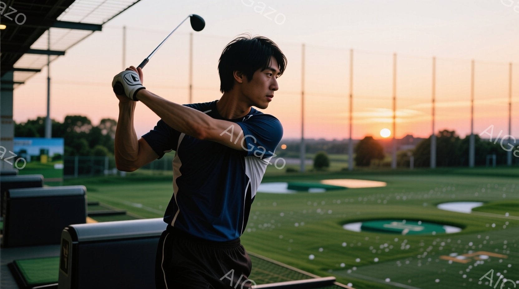 紺色と白のストライプのシャツと黒の短パンを着用した男性が、ゴルフの練習場でスイングをしている。彼の髪型は短く、集中した表情で力強くクラブを振っている。背景にはゴルフコースと夕焼けが広がり、オレンジ色とピンク色の美しいグラデーションが空を染め上げている。