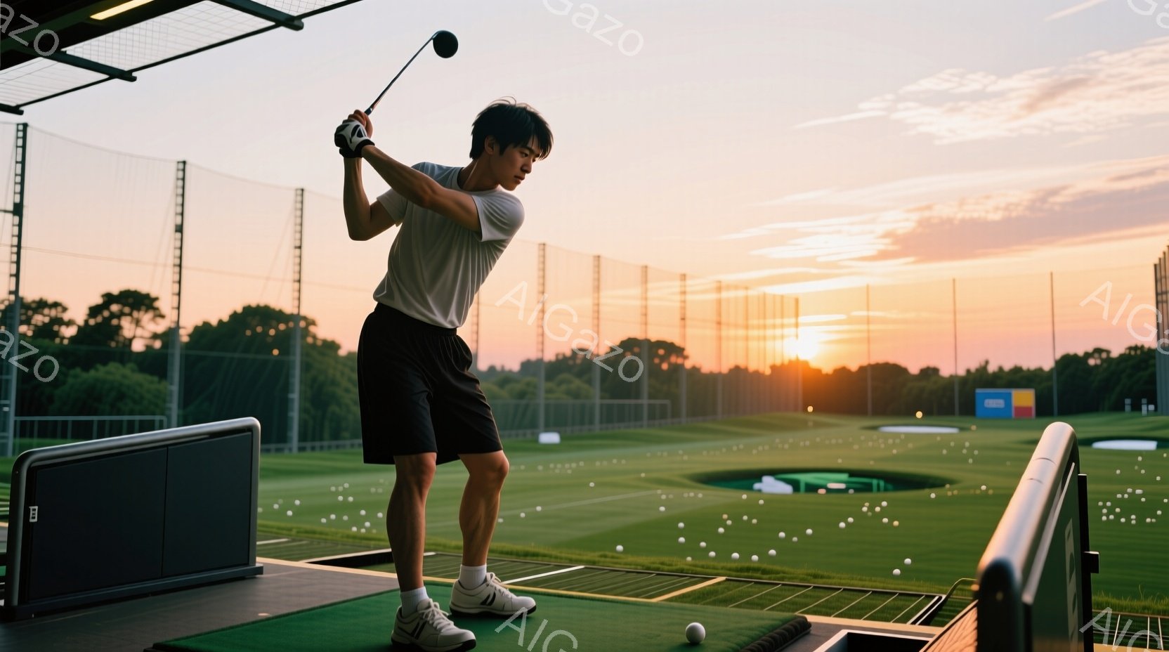 ゴルフ練習場にいる若い男性が、ゴルフスイングをしている様子が写っています。彼は白いTシャツと黒いショーツ、白いスニーカーを着用し、短髪で真剣な表情でクラブを振っています。背景には緑の芝生とゴルフボール - AI生成フリー素材