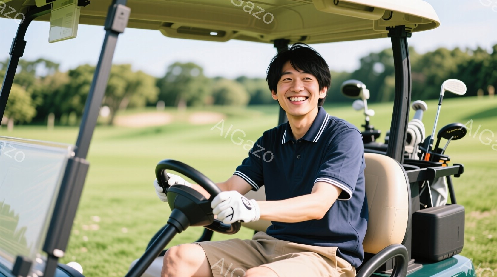 若い男性がゴルフカートを運転しており、濃い青色のポロシャツとベージュ色のショートパンツを着ています。彼は笑顔で、片手にゴルフカートのハンドル、もう片手は膝の上に置いてリラックスした姿勢です。背景には緑 - AI生成フリー素材