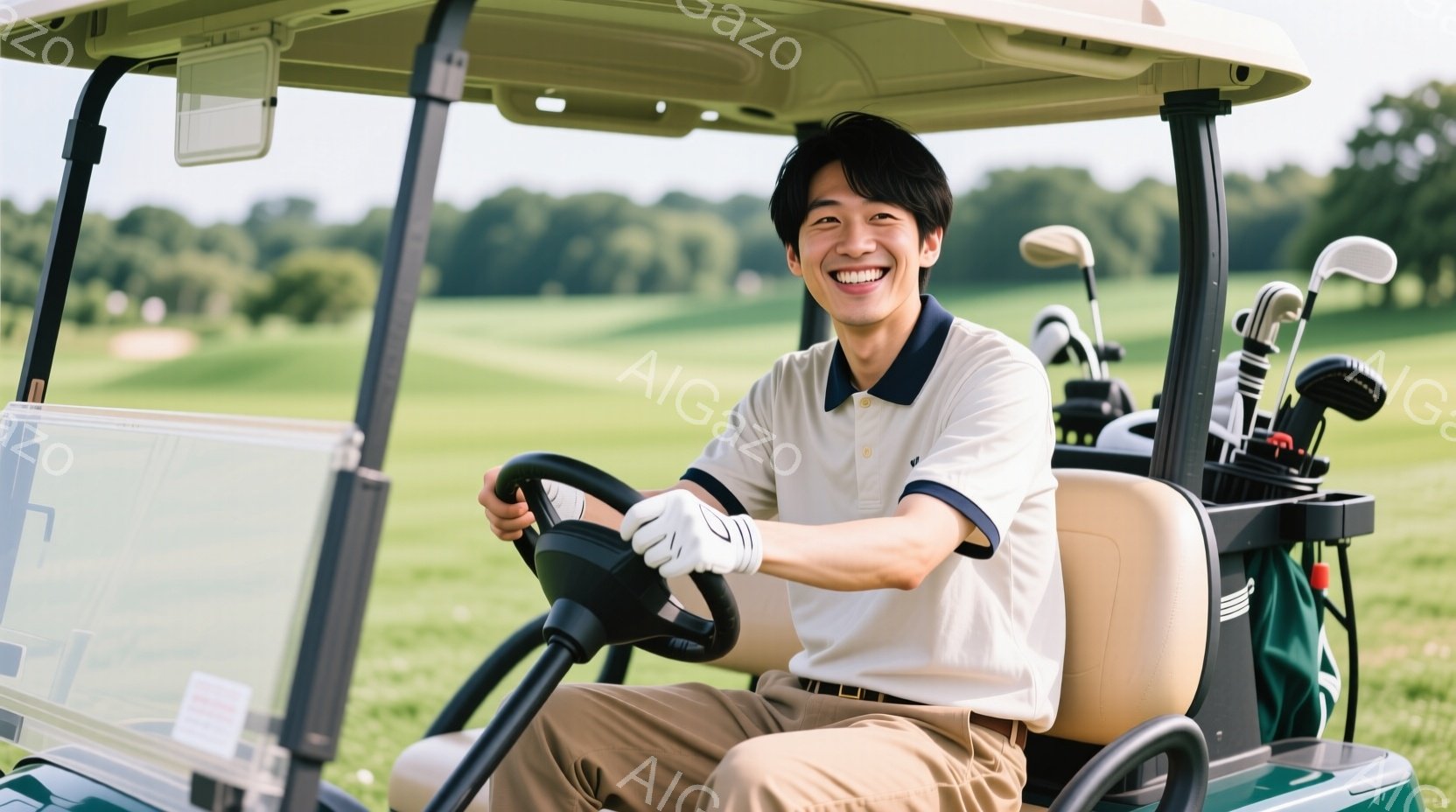 若い男性がゴルフカートを運転しており、白いポロシャツにベージュ色のズボンを着用、左手にゴルフグローブをつけている。彼は笑顔で前を見据え、リラックスした姿勢でハンドルを握っている。背景には緑豊かなゴルフ - AI生成フリー素材