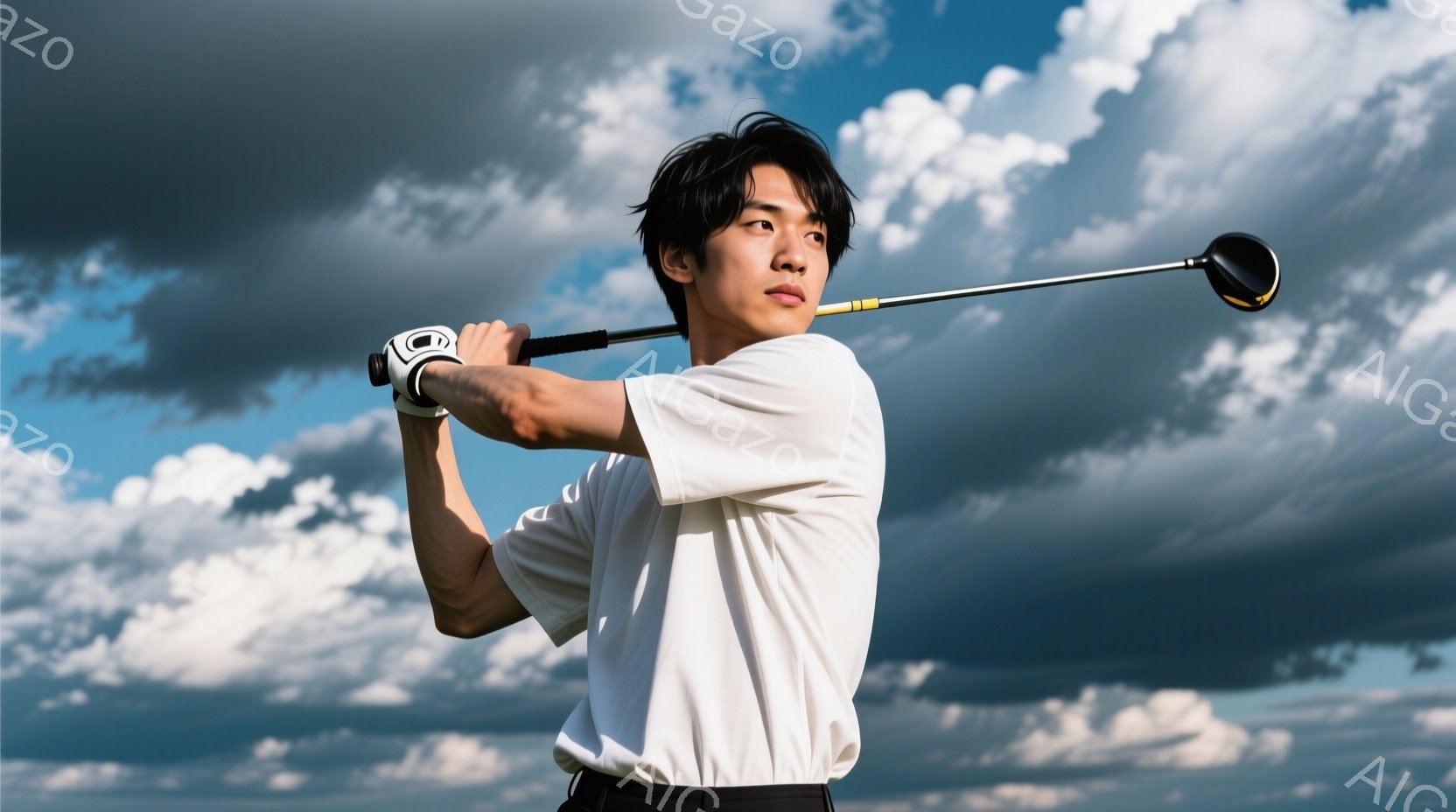 白いポロシャツと黒いズボンを着用した若い男性が、ゴルフのスイングをしているところです。彼は少し上目線で集中した表情で、力強くクラブを振っています。背景には、白い雲が広がる青空と、緑の草むらが広がってお - AI生成フリー素材