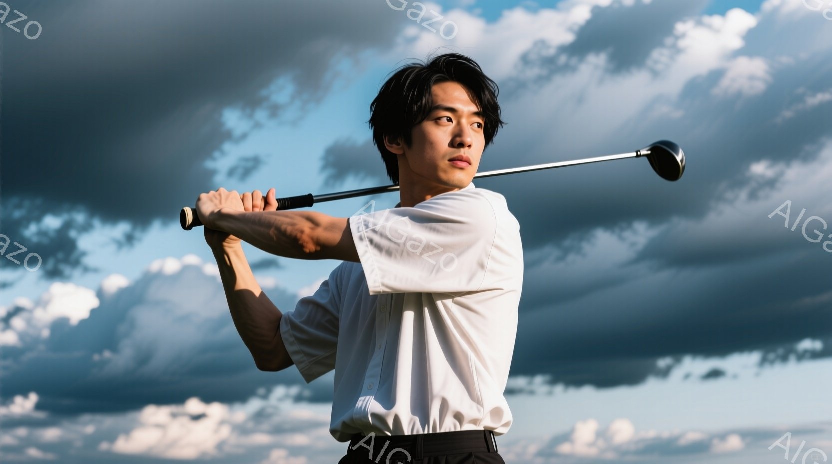 白いシャツを着た若い男性がゴルフのスイングをしている。彼は少し後ろに体を傾け、力強くクラブを振りかぶっており、真剣な表情をしている。背景には曇り空と緑の草地が広がり、空は暗い雲で覆われている。 - AI生成フリー素材