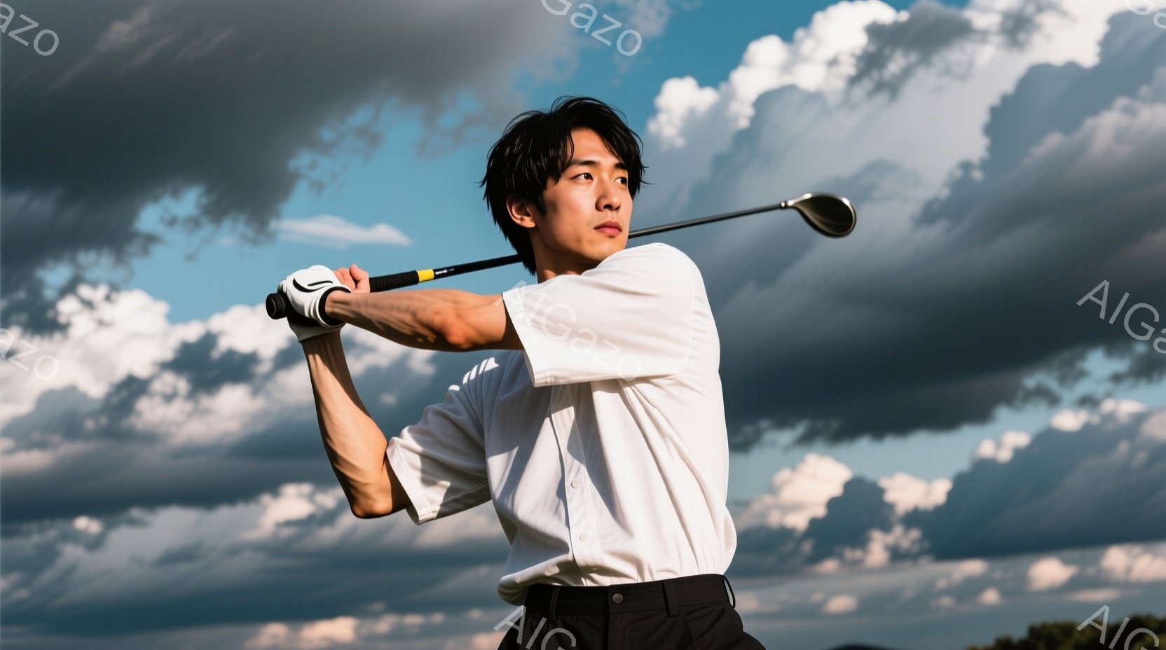 ゴルフスイング中の男性が写っている。白いシャツに黒いズボンを着用し、黒髪を軽く伸ばしたヘアスタイルをしている。背景は曇り空で、緑の草地と遠くの木々がぼんやりと見え、爽やかで躍動感のある雰囲気を醸し出し - AI生成フリー素材