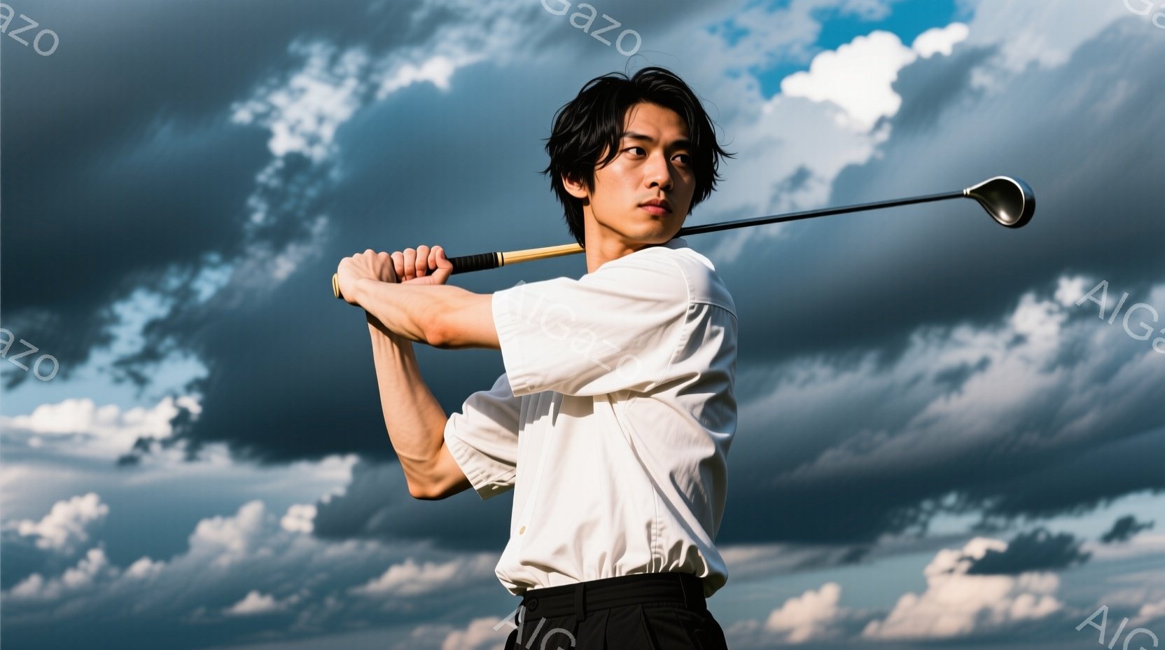 ゴルフスイングを行う若い男性が写っている。白いシャツと黒いズボンを着用し、髪は短く、真剣な表情でスイングに集中している。背景は青空と白雲が広がり、ゴルフ場の緑と調和した、爽やかでダイナミックな雰囲気で - AI生成フリー素材