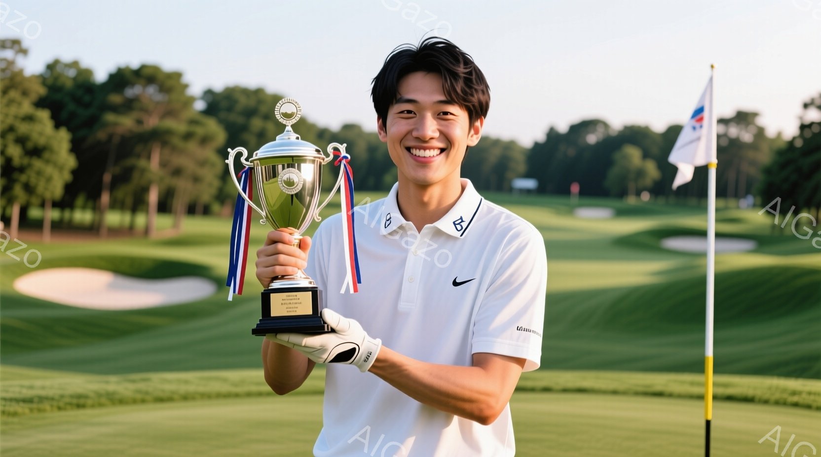 若い男性がゴルフ場でトロフィーを抱え、満面の笑みを浮かべている。白のポロシャツに灰色のゴルフグローブを着用し、短髪で爽やかな印象を与える。背景には緑豊かなゴルフコースが広がり、晴天の下、明るく開放的な - AI生成フリー素材