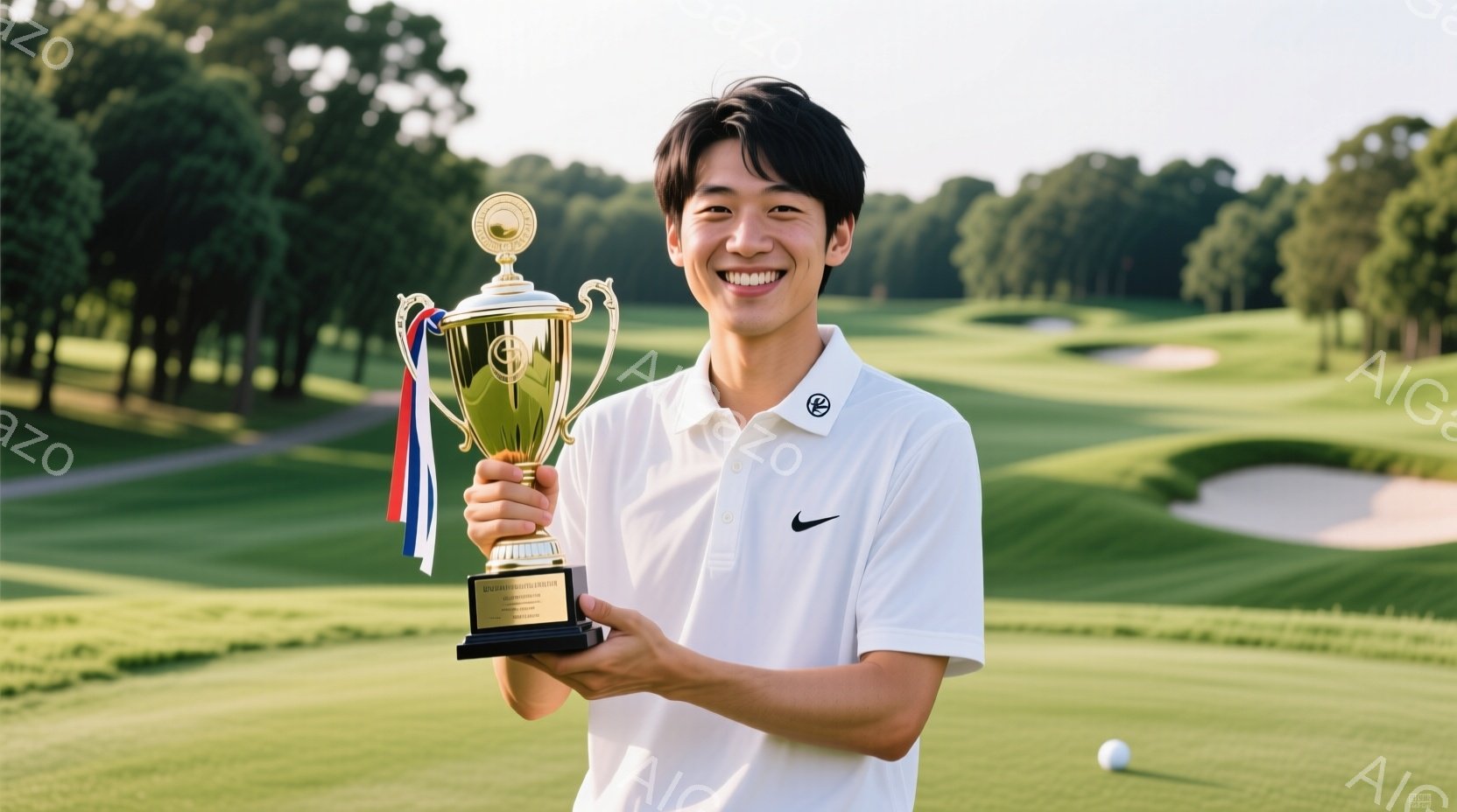 若い男性がゴルフ場の背景でトロフィーを手に笑顔で立っている。白のポロシャツに黒の髪型で、明るい表情をしており、勝利の喜びを表現している。背景には緑豊かなゴルフコースと木々が広がり、晴天の下、爽やかな雰 - AI生成フリー素材