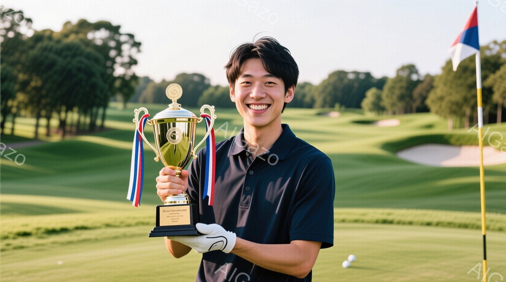 若い男性がゴルフ場でトロフィーを手に笑顔で立っている。彼は黒いポロシャツ、ゴルフグローブを着用し、短く整えられた髪をしている。背景には緑のゴルフコースが広がり、晴天の下で明るく爽やかな雰囲気が漂ってい - AI生成フリー素材