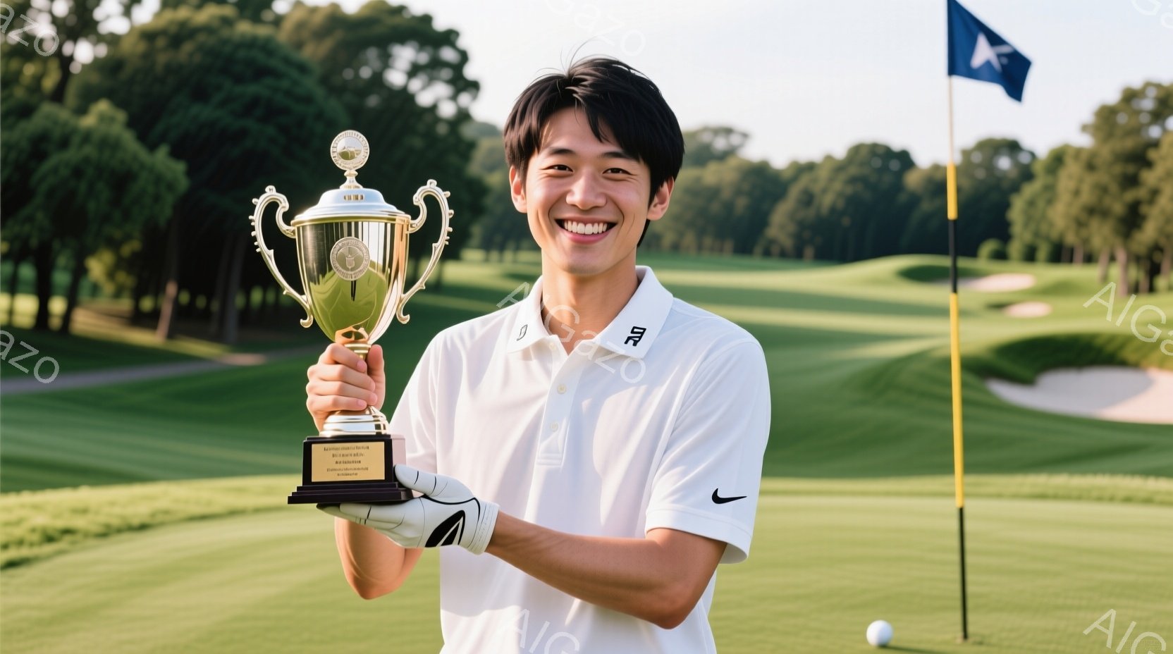 白いポロシャツにゴルフグローブをはめた若い男性が、大きなトロフィーを誇らしげに抱えています。彼は満面の笑みを浮かべ、明るい日差しの中でゴルフコースの緑を背景に立っています。背景には青空と木々が見え、晴れた日のゴルフ大会の勝利を祝う、爽やかで活気のある雰囲気が漂っています。