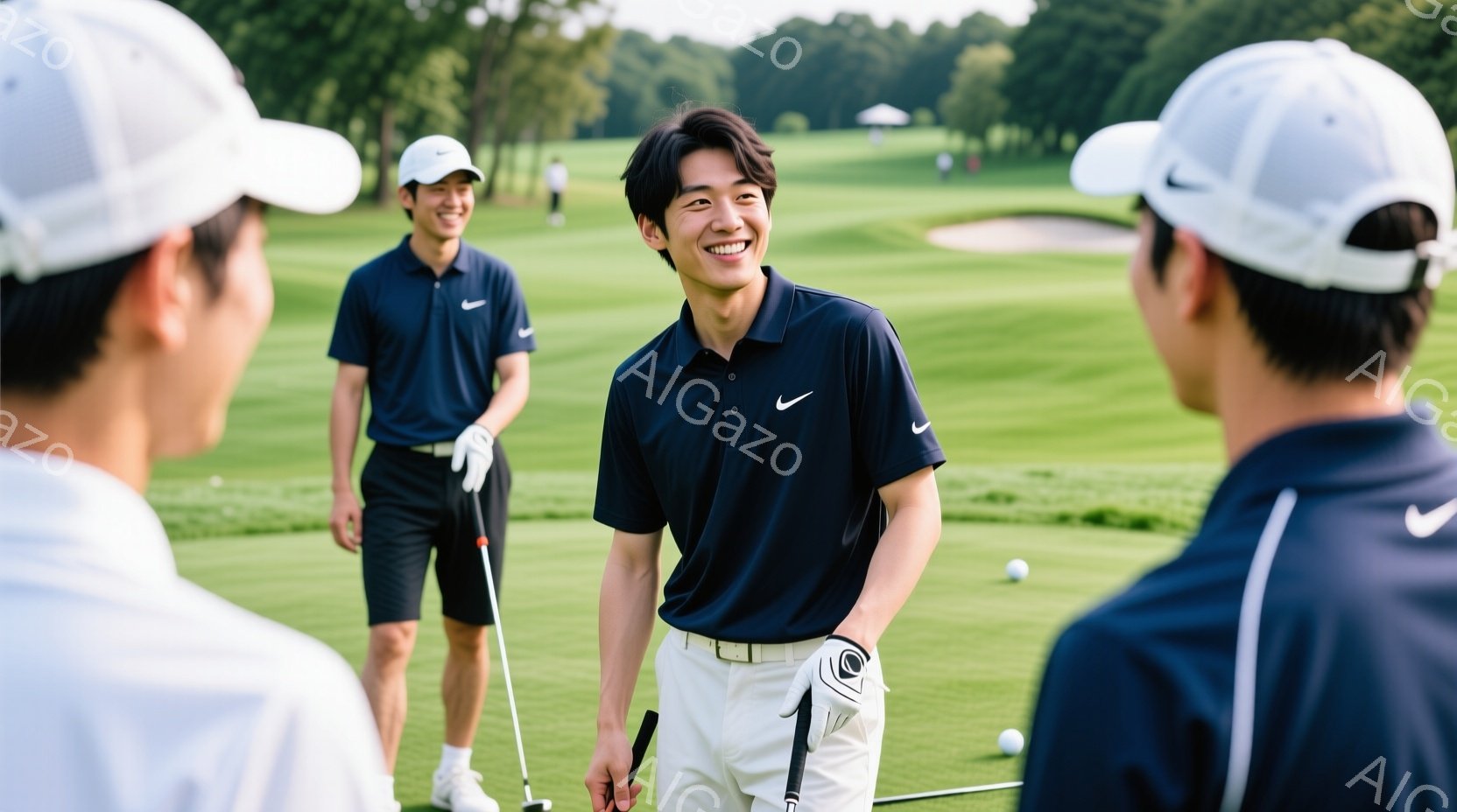 3人の男性がゴルフ場で写っており、全員がポロシャツと短パン、帽子を着用しています。中央の男性は笑顔でカメラに向かっており、ゴルフのクラブを持っています。背景には緑豊かなゴルフコースと、遠くに木々が見え - AI生成フリー素材