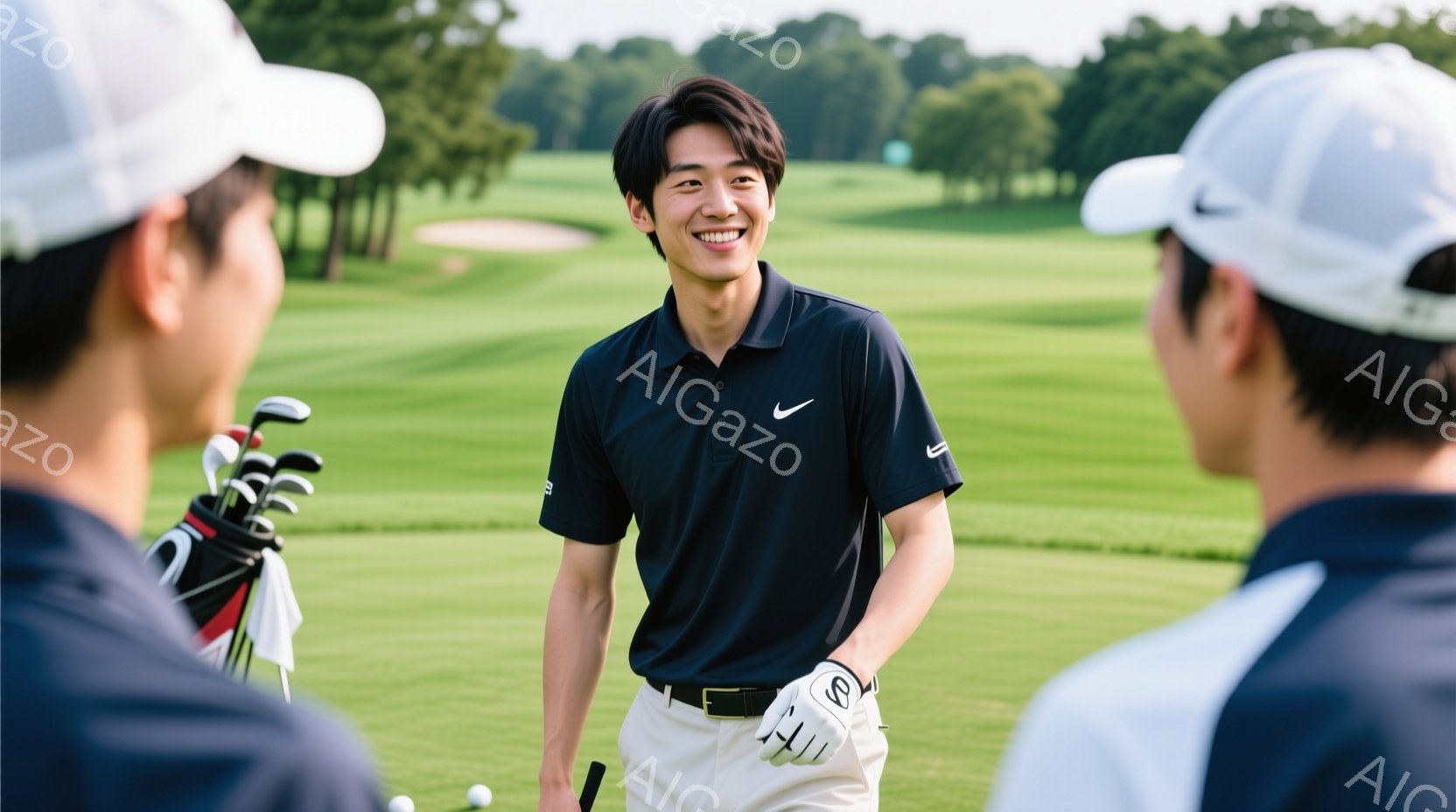 ゴルフコースでゴルフウェアを着た若い男性が写っている。彼は黒いポロシャツ、ベージュのパンツ、ゴルフグローブを着用し、笑顔でカメラを見ている。背景には緑豊かなゴルフコースが広がり、晴天で穏やかな雰囲気を - AI生成フリー素材