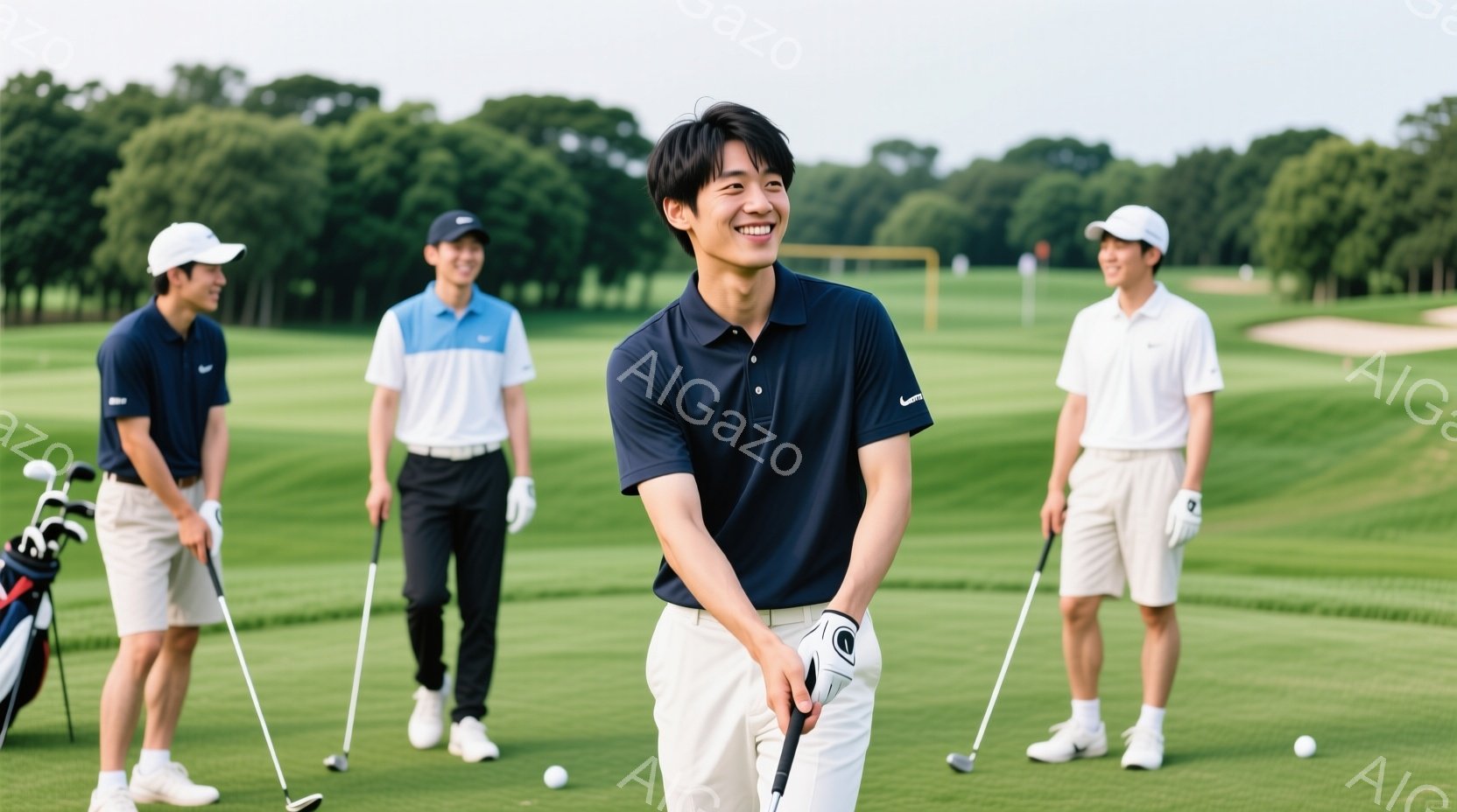 ゴルフコースでゴルフを楽しむ若い男性たちが写っています。彼らは皆、ポロシャツとショートパンツを着用し、白いスニーカーを履いており、明るい表情で楽しんでいる様子が伺えます。背景には緑豊かなゴルフコースが広がり、晴天の下でリラックスした雰囲気が漂っています。