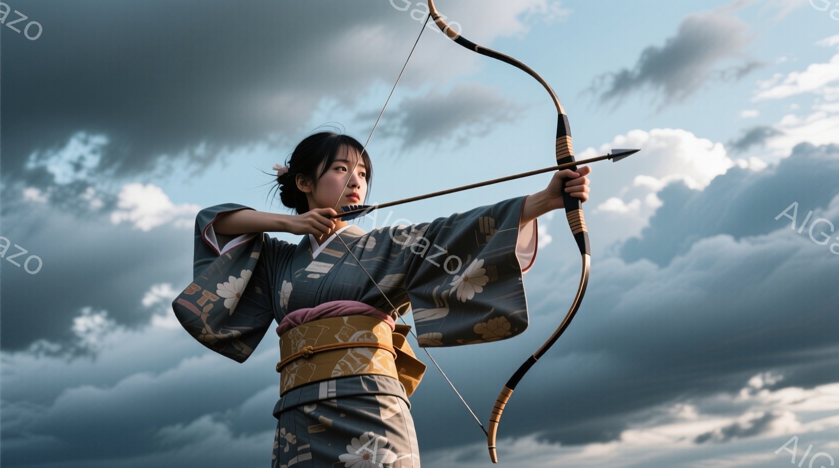 灰色の花柄の着物を着た女性が、弓を構え、矢を放とうとしている姿が捉えられています。髪は後ろでまとめられ、表情は真剣で、集中している様子が伺えます。背景は曇り空で、ドラマチックな雰囲気を作り出しており、 - AI生成フリー素材
