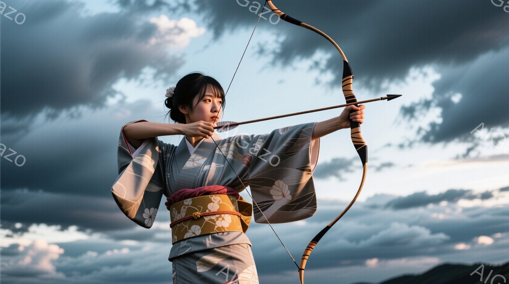 浅いグレーがかった着物を着た若い女性が、伝統的な和弓を構えています。彼女は黒髪を後ろでまとめ、白い花を飾っており、真剣な表情で遠くを見据えています。背景には、薄暗い空の下に広がる草原と、遠くの山々がぼんやりと見え、夕暮れ時の静寂な雰囲気を醸し出しています。